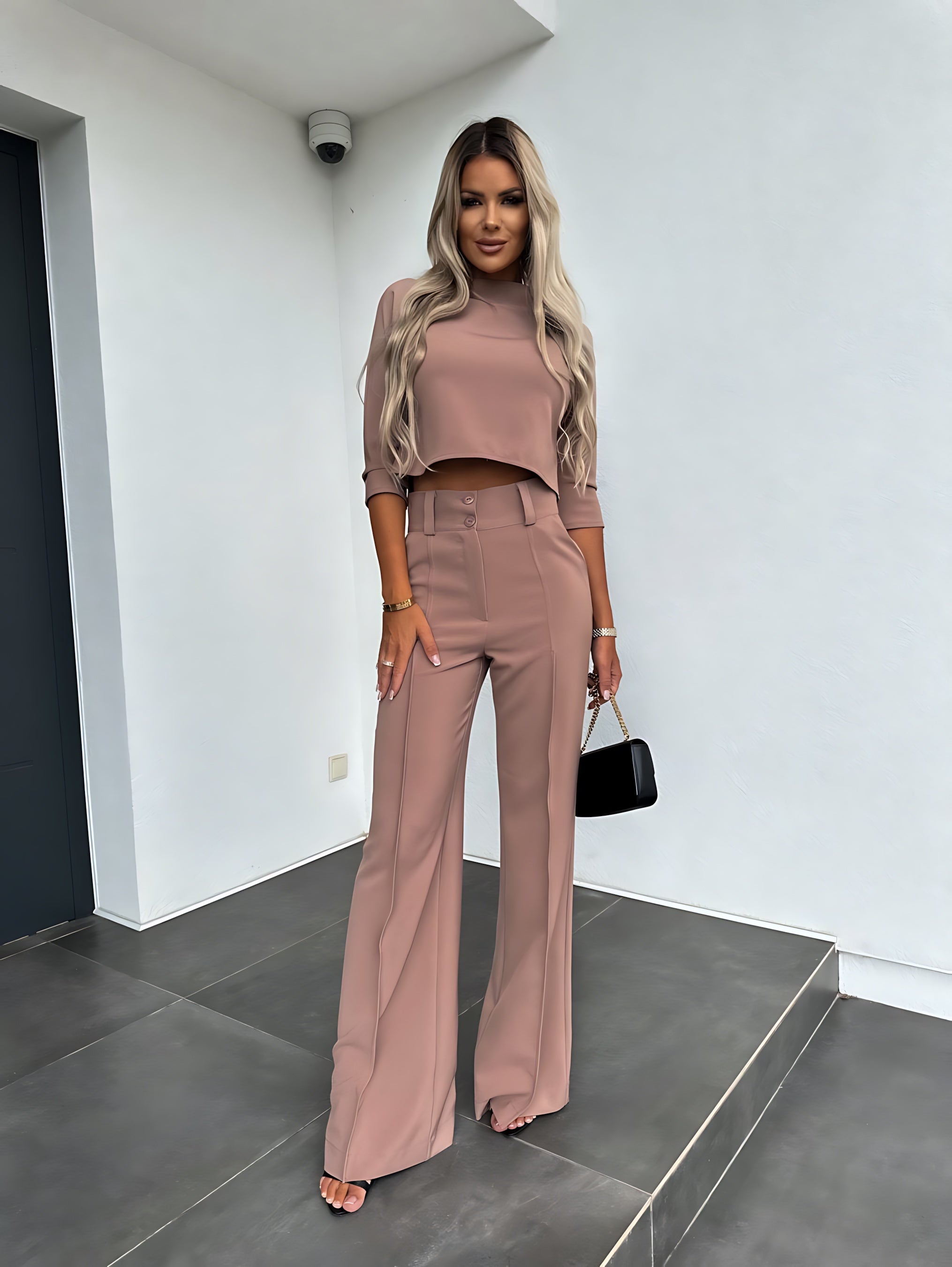 Caroline – Long Sleeve Crop Top and Flare Pants Lounge Set