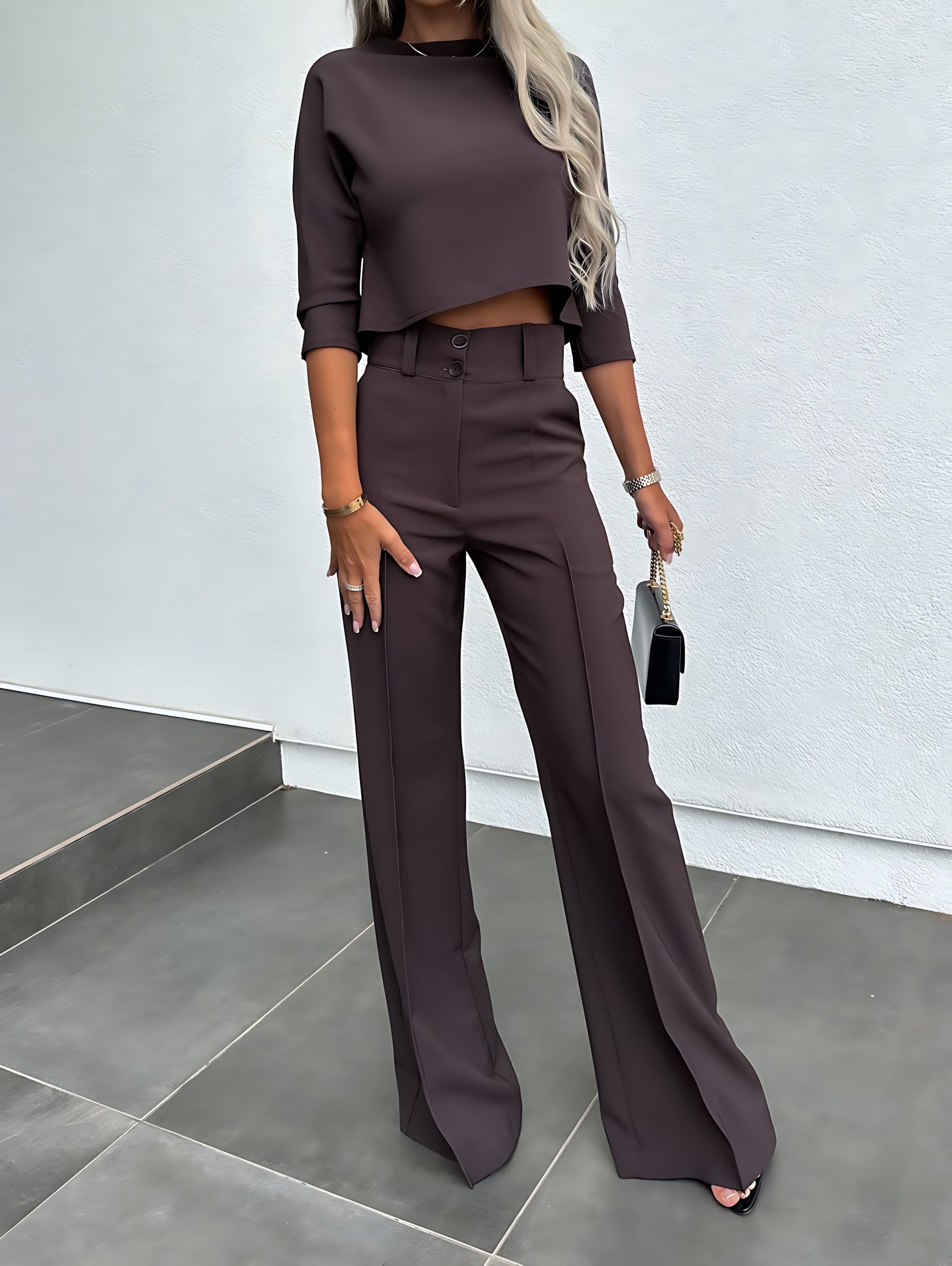 Caroline – Long Sleeve Crop Top and Flare Pants Lounge Set
