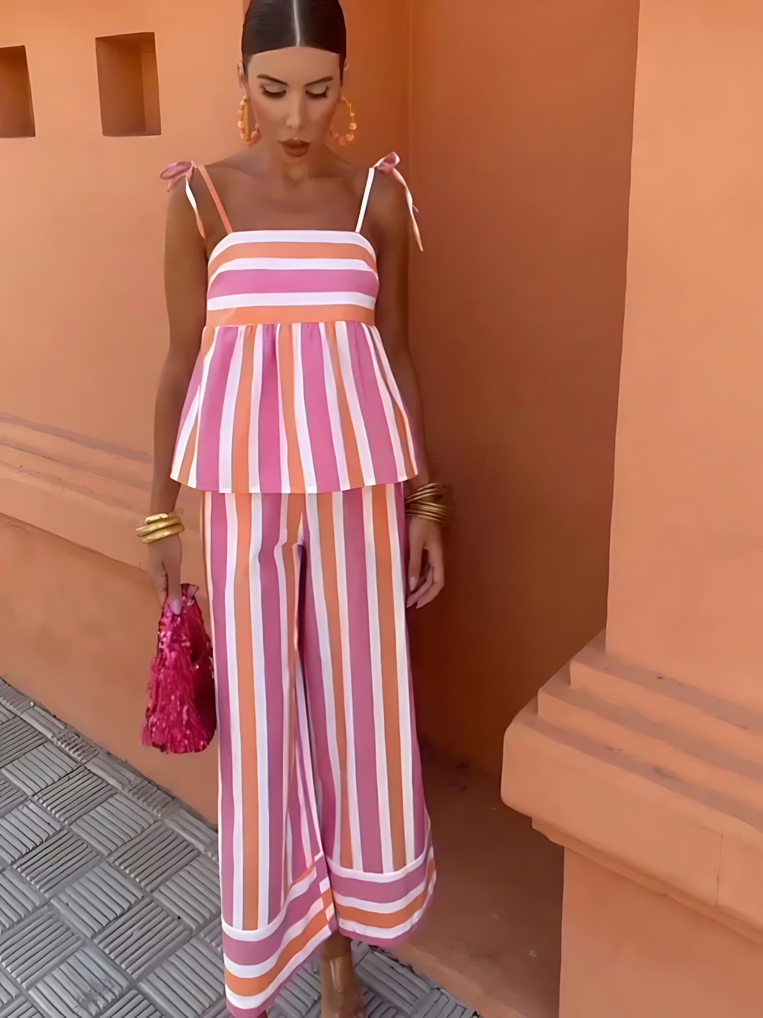 Caroline – Striped Cami Top and Wide Leg Pants Set