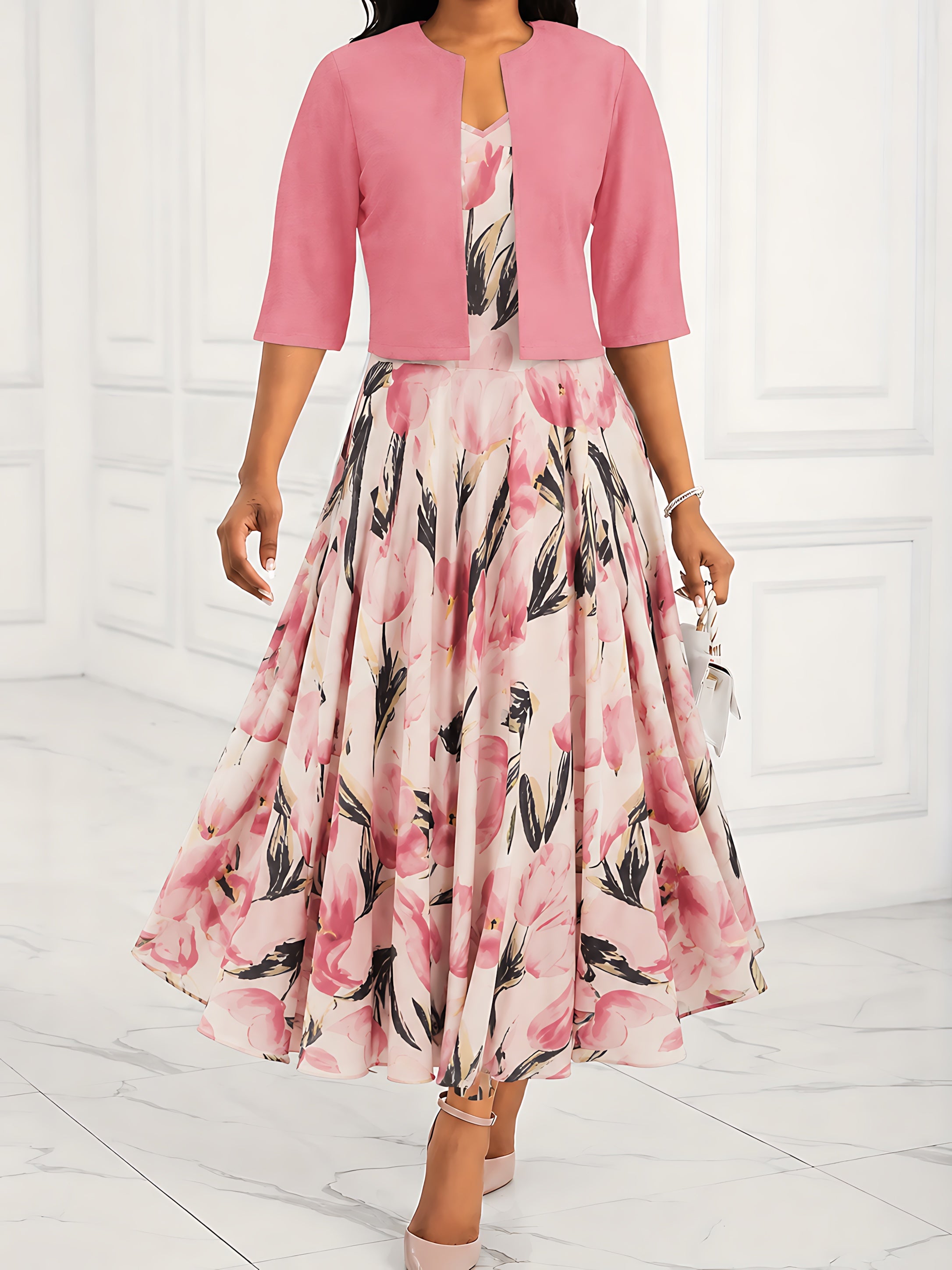 Catalina – Floral Midi Dress and Cropped Jacket Set