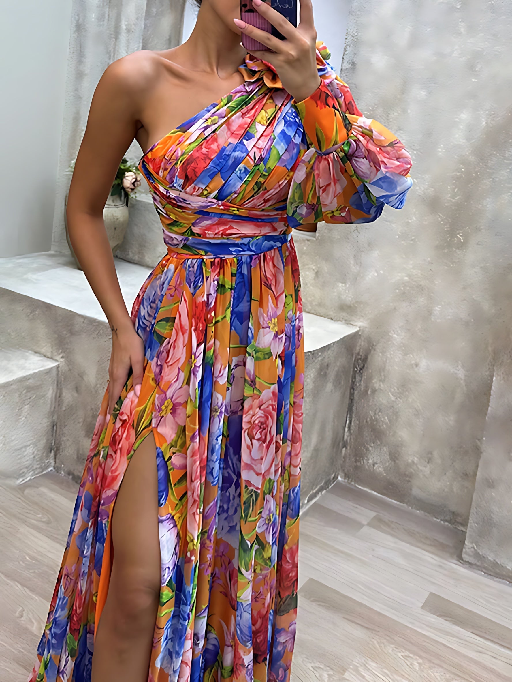 Catalina – Floral One Shoulder High Slit Maxi Dress
