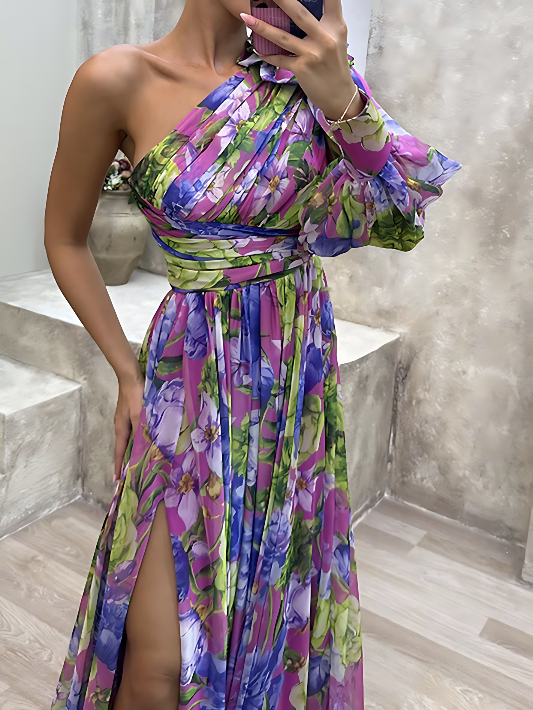 Catalina – Floral One Shoulder High Slit Maxi Dress