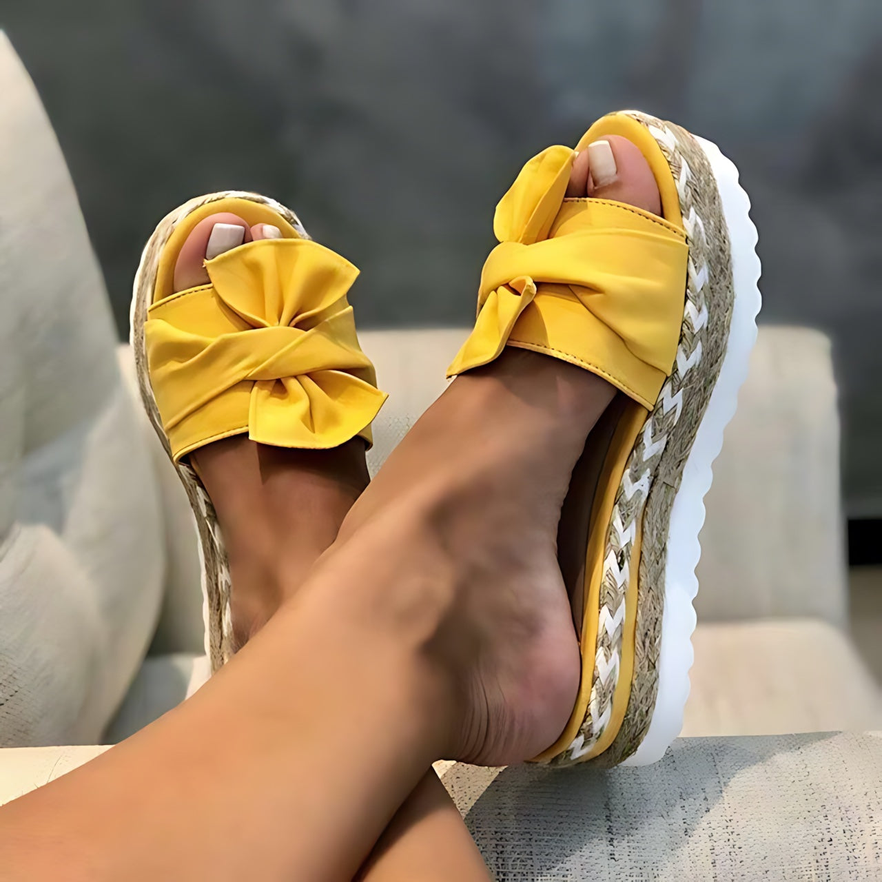 Catherine – Bow Peep Toe Wedge Slide Sandals