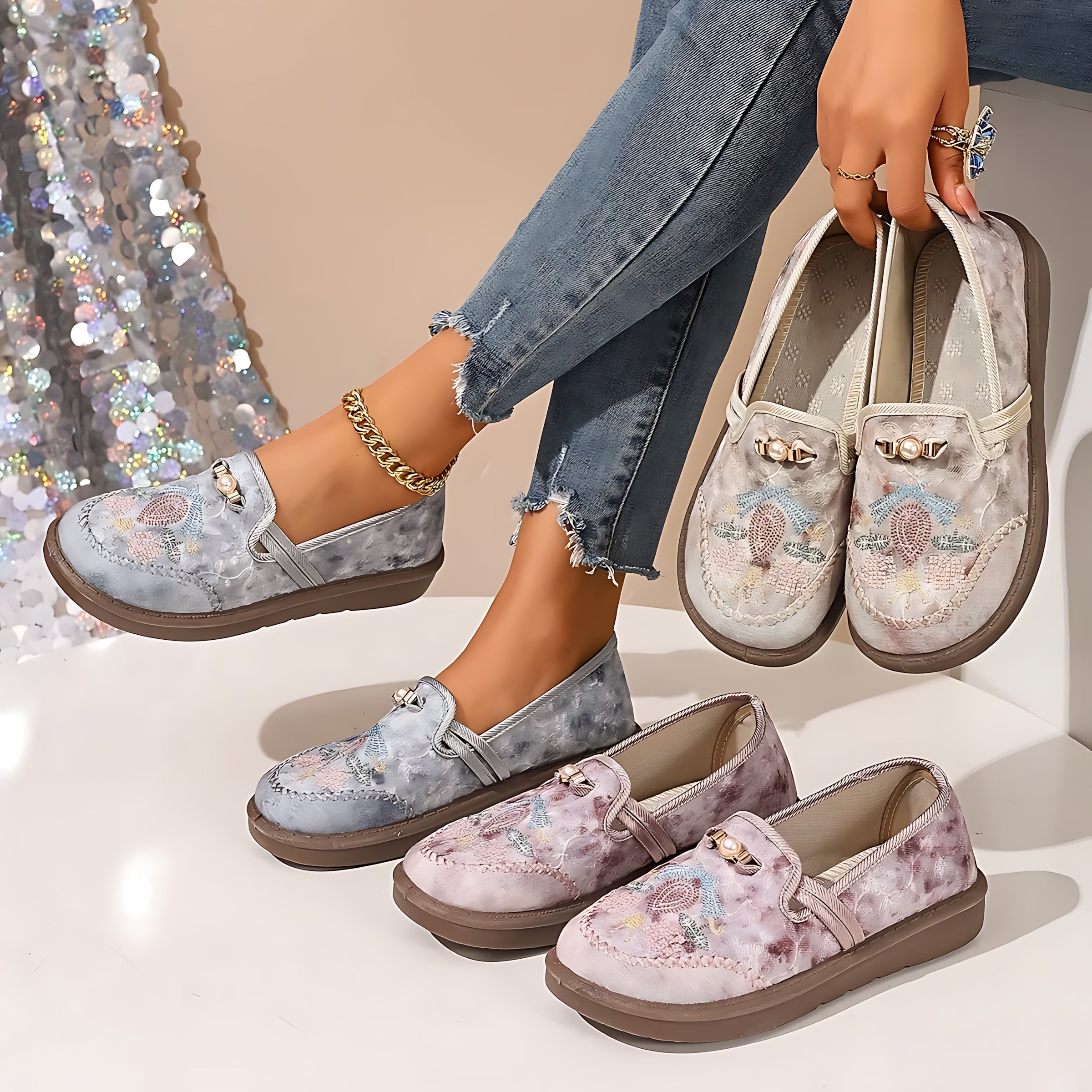 Catherine – Floral Embroidered Slip On Loafers