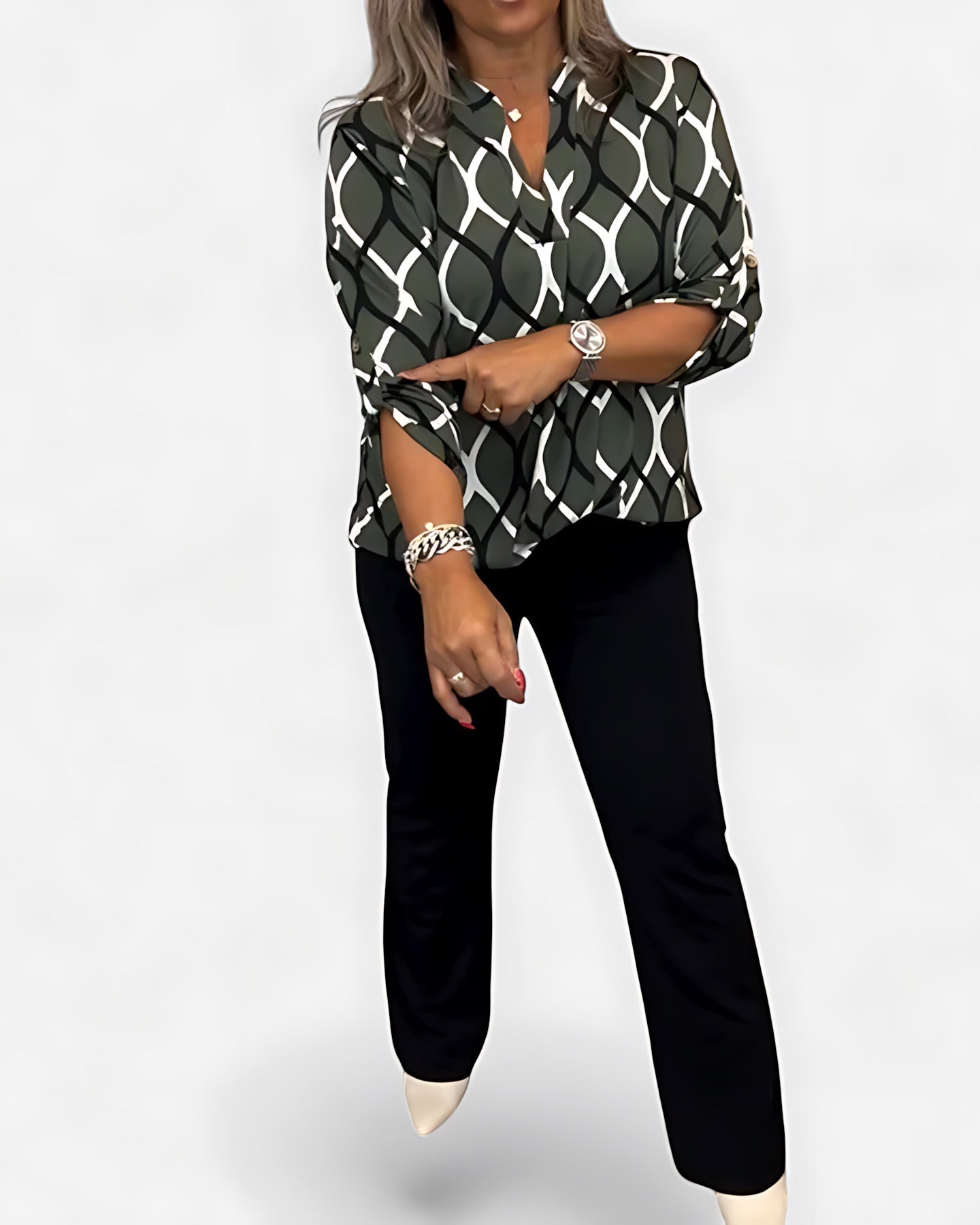 Catherine – Geometric Print Long Sleeve Blouse