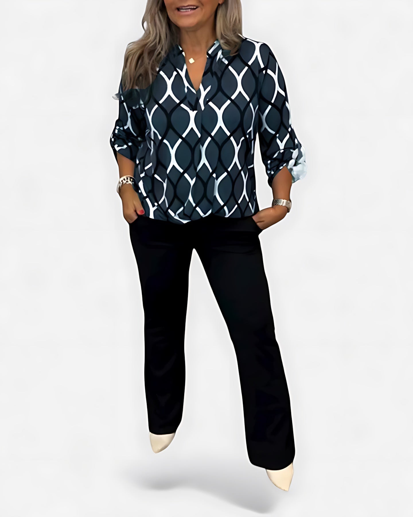 Catherine – Geometric Print Long Sleeve Blouse