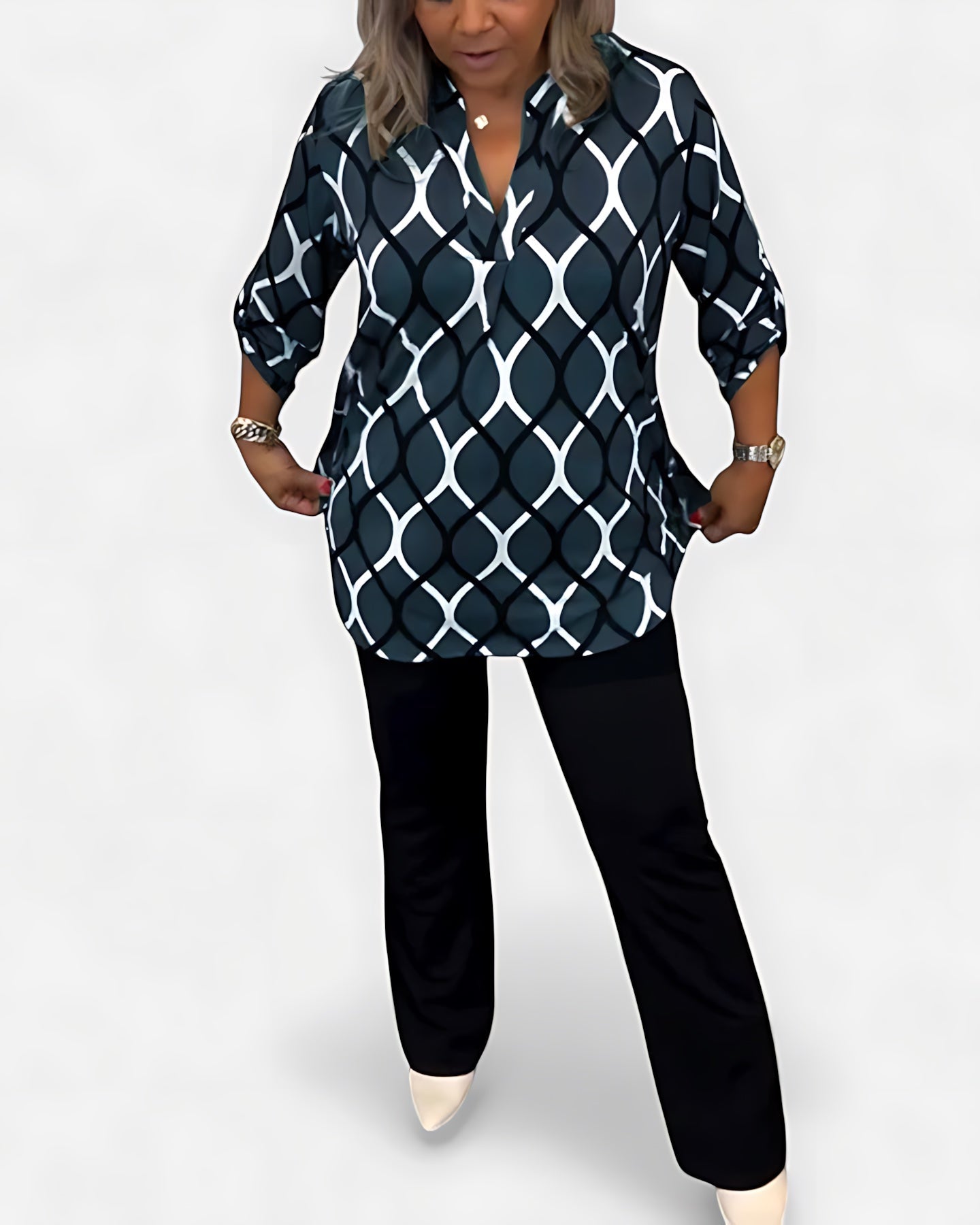 Catherine – Geometric Print Long Sleeve Blouse