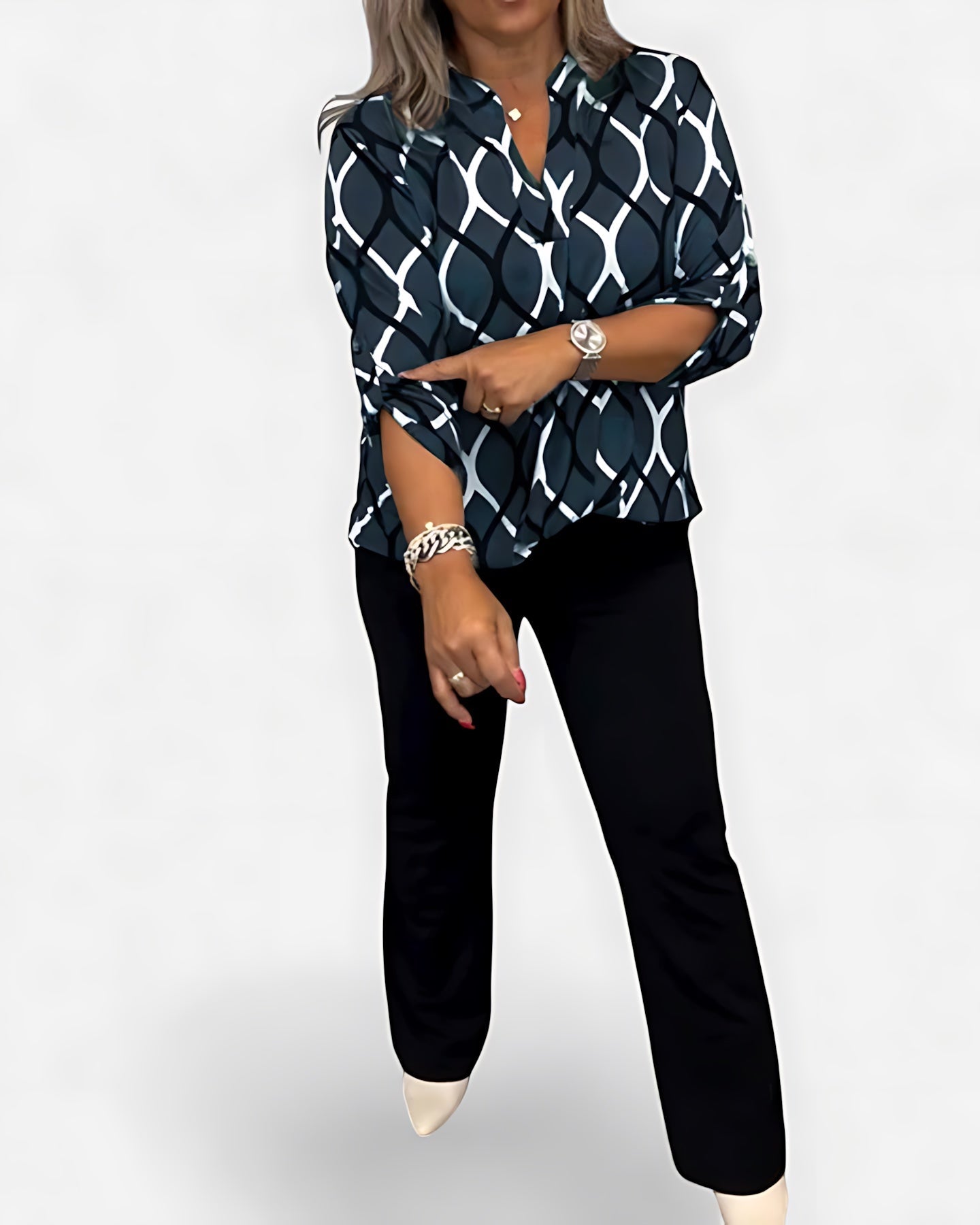 Catherine – Geometric Print Long Sleeve Blouse