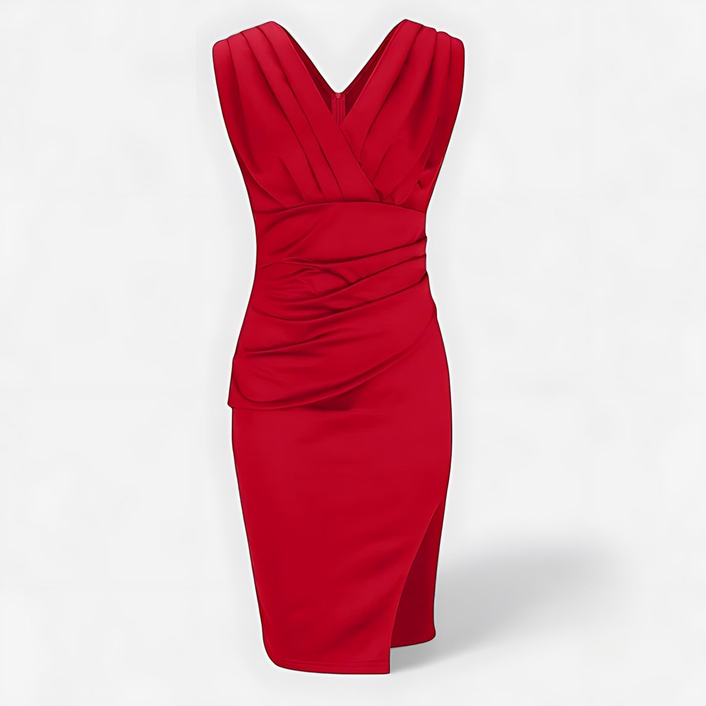 Catherine – Ruched Bodycon V Neck Cocktail Midi Dress