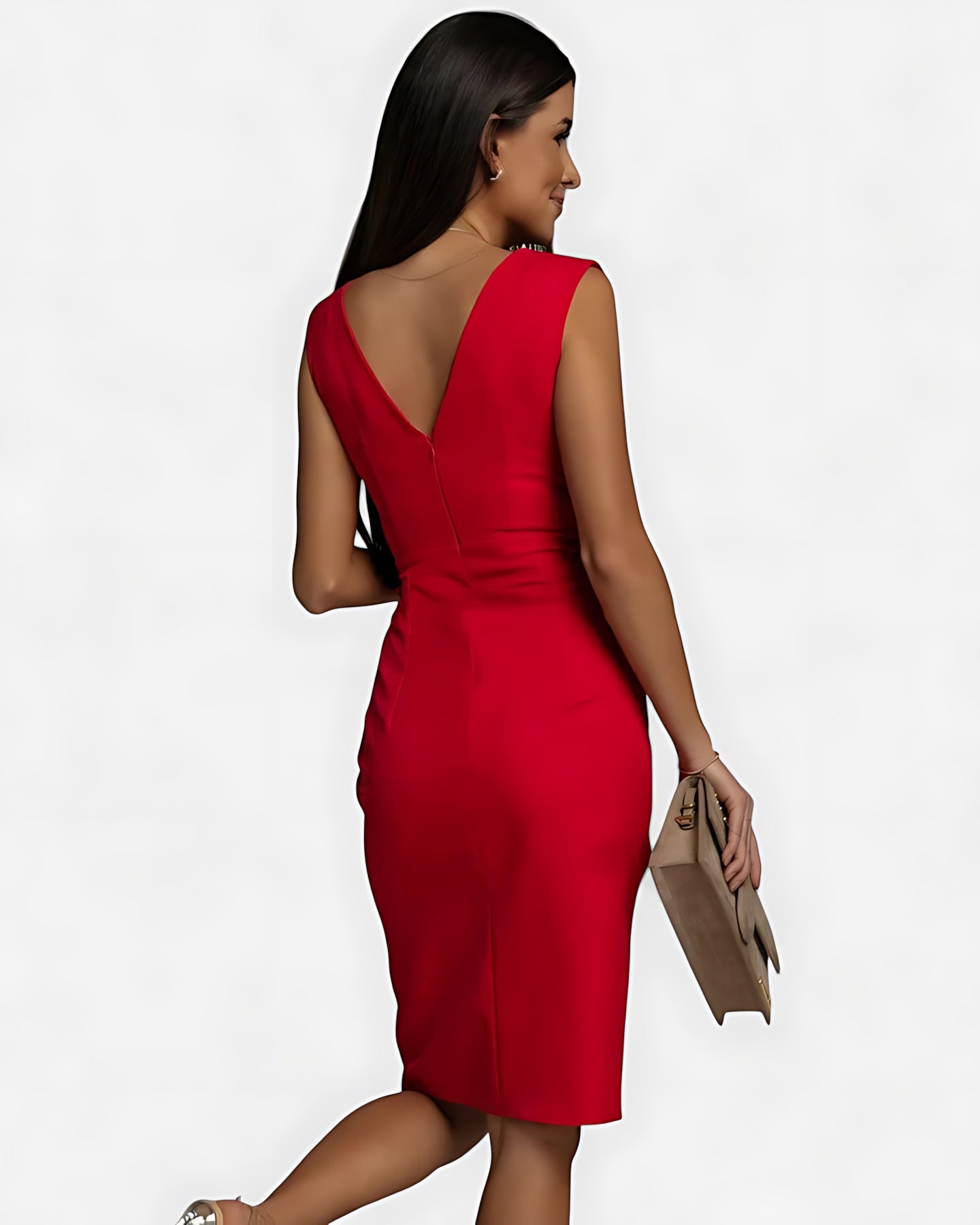 Catherine – Ruched Bodycon V Neck Cocktail Midi Dress
