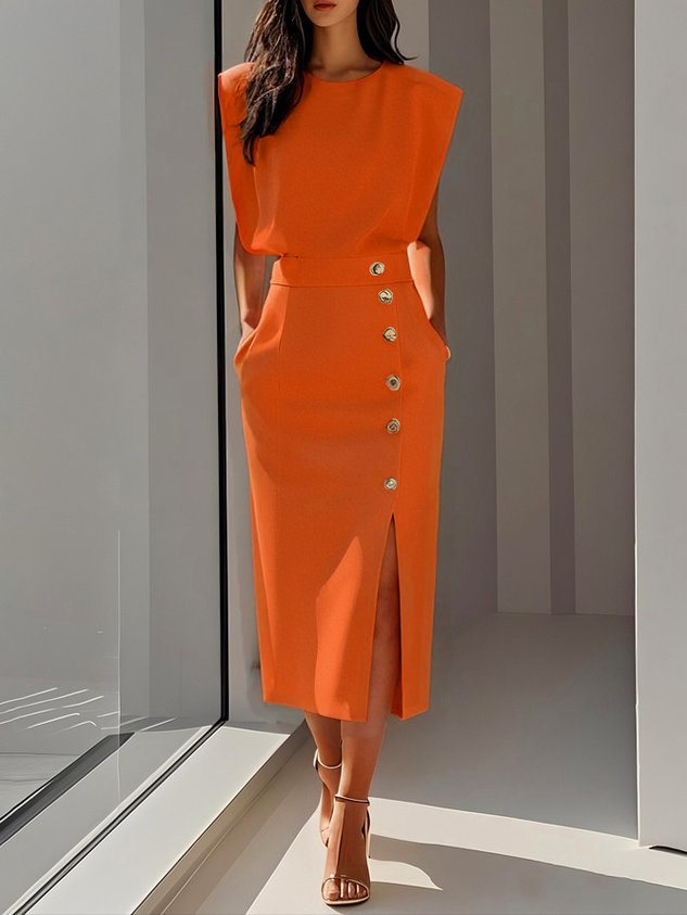 Sophie – Round Neck Bodycon Side Slit Midi Dress