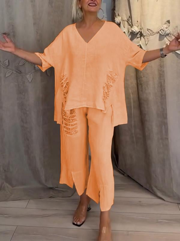 Emilia – Oversized V Neck Top and Wide Leg Pants Set