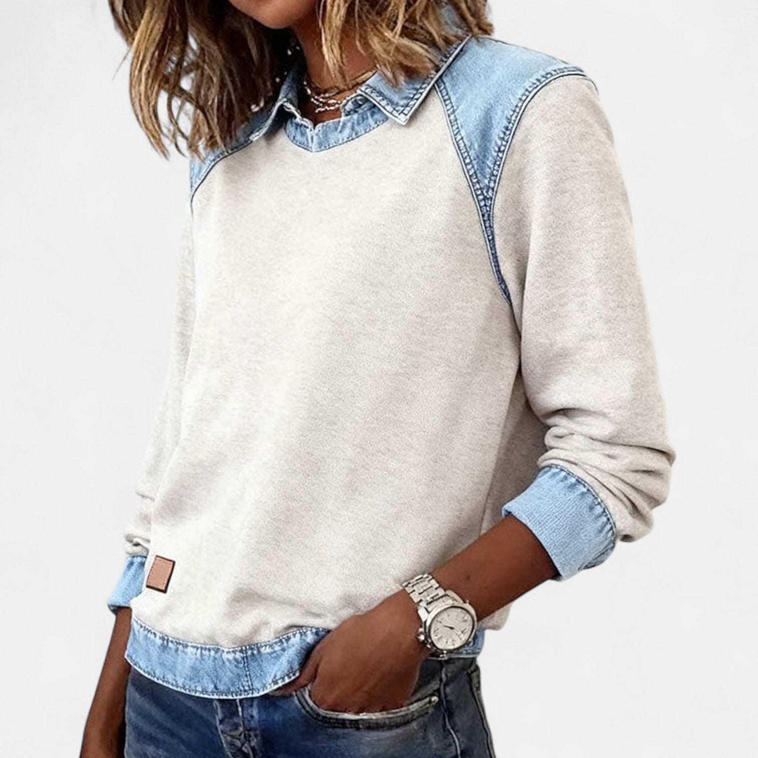 Autumn – Denim Patchwork Crew Neck Sweatshirt