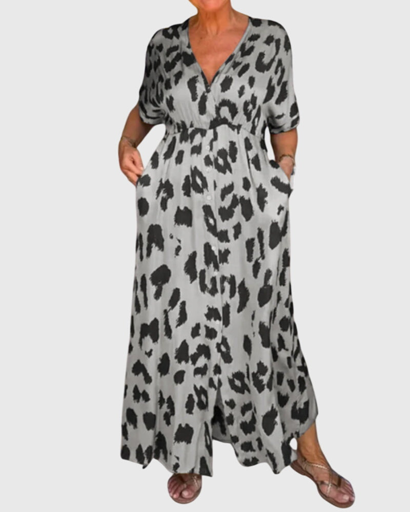 Amara – Leopard Print V Neck Flowy Maxi Dress