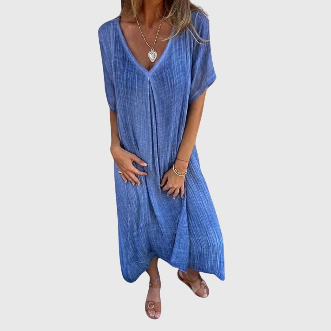 Elizabeth – V Neck Short Sleeve Flowy Maxi Dress