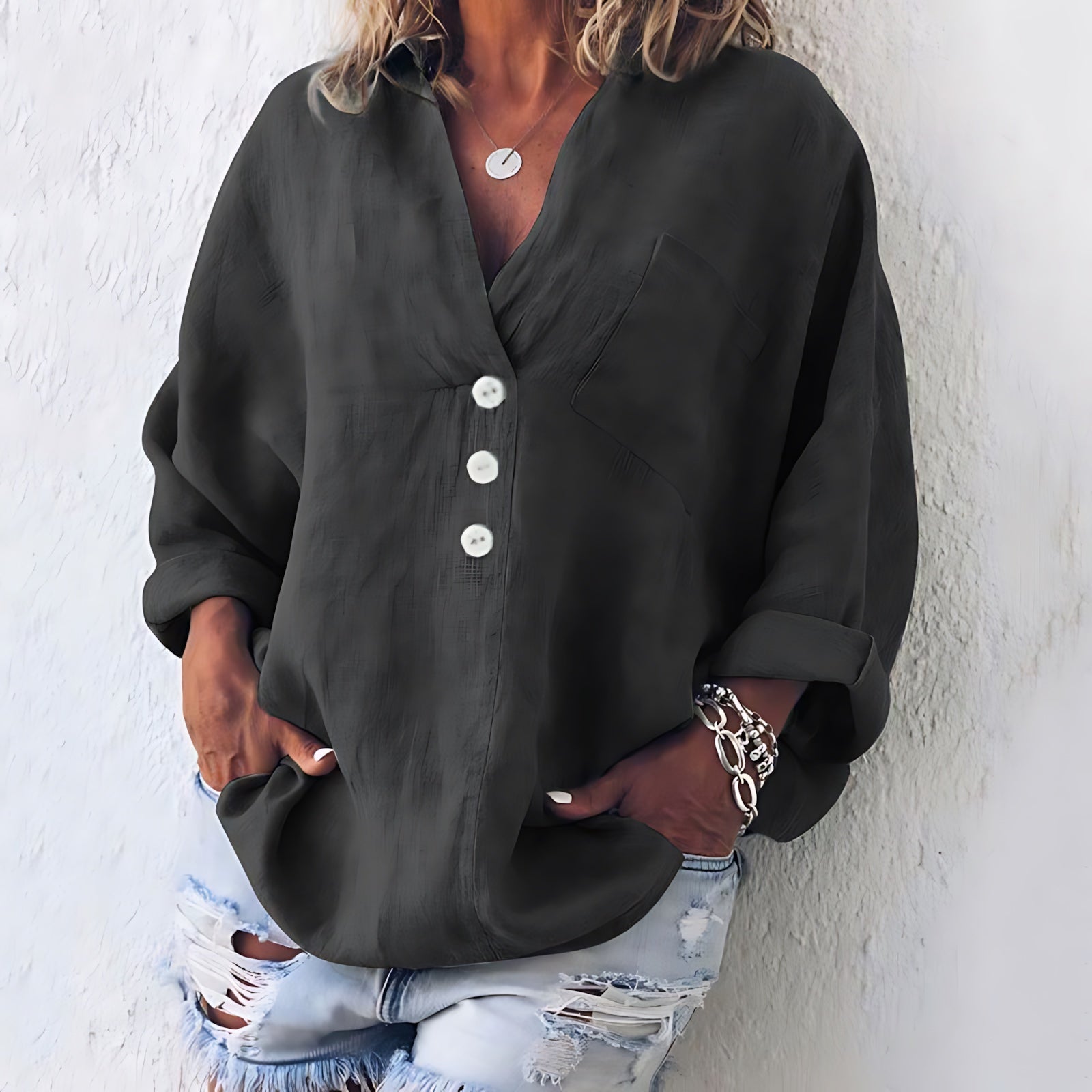 Cecilia – Long Sleeve Henley Shirt