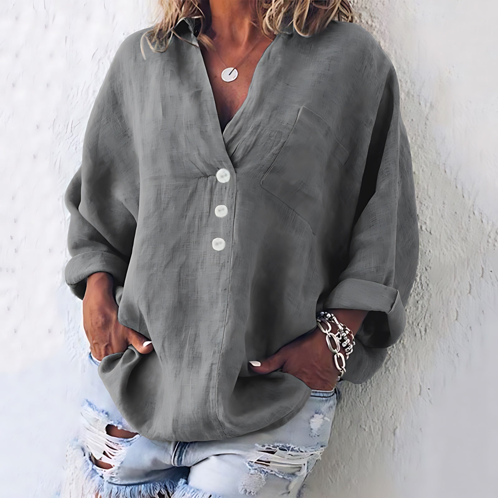 Cecilia – Long Sleeve Henley Shirt