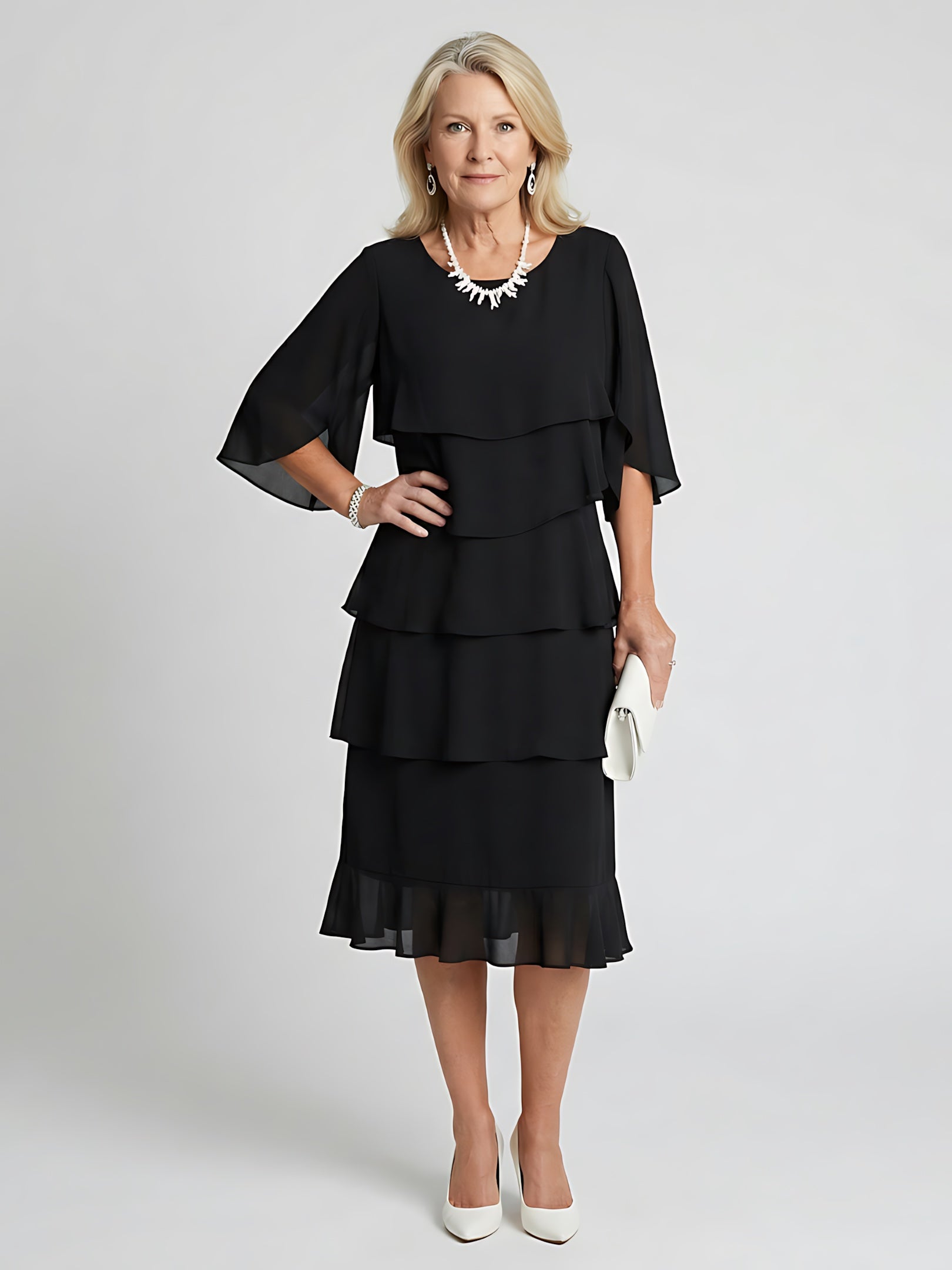 Celeste – Tiered Flutter Sleeve Evening Midi Dress