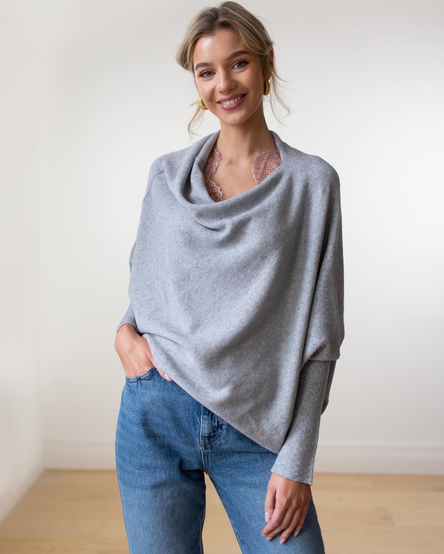 Claire – Off Shoulder Draped Knit Sweater