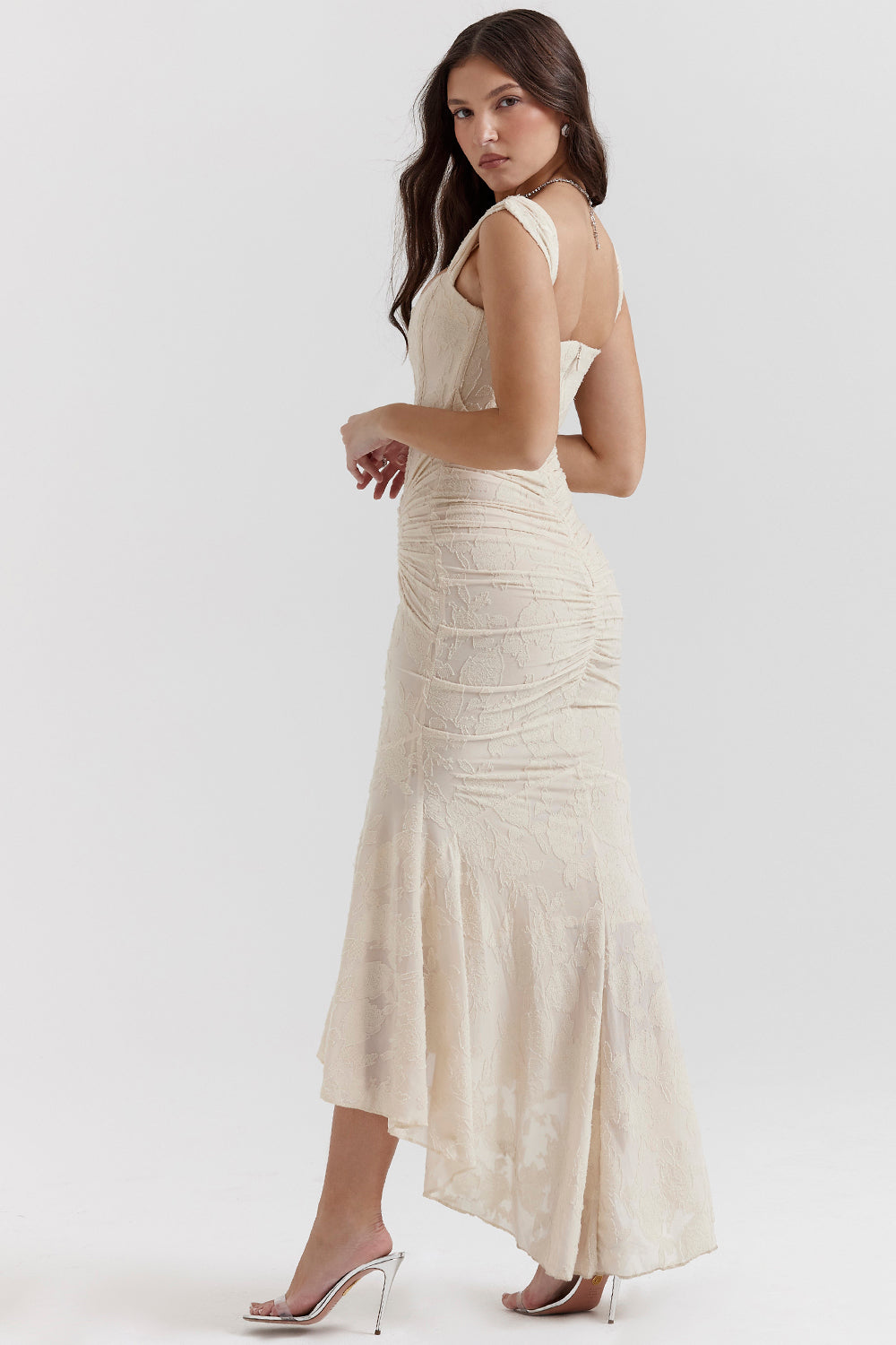 Olivia – Lace Ruched Asymmetric Cocktail Midi Dress