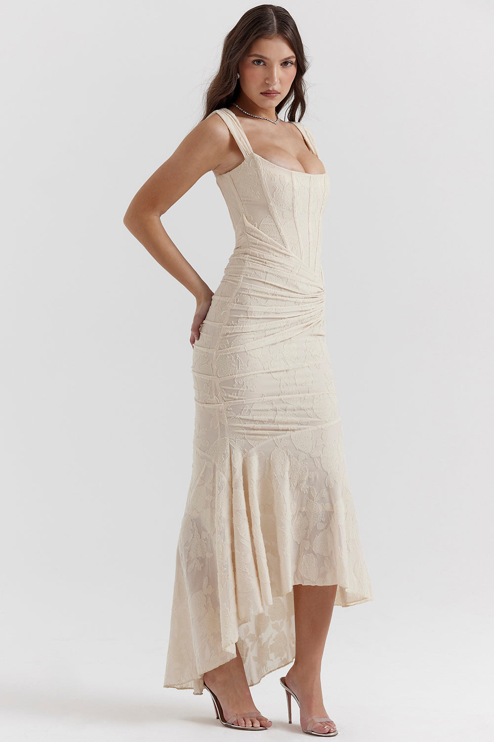 Olivia – Lace Ruched Asymmetric Cocktail Midi Dress