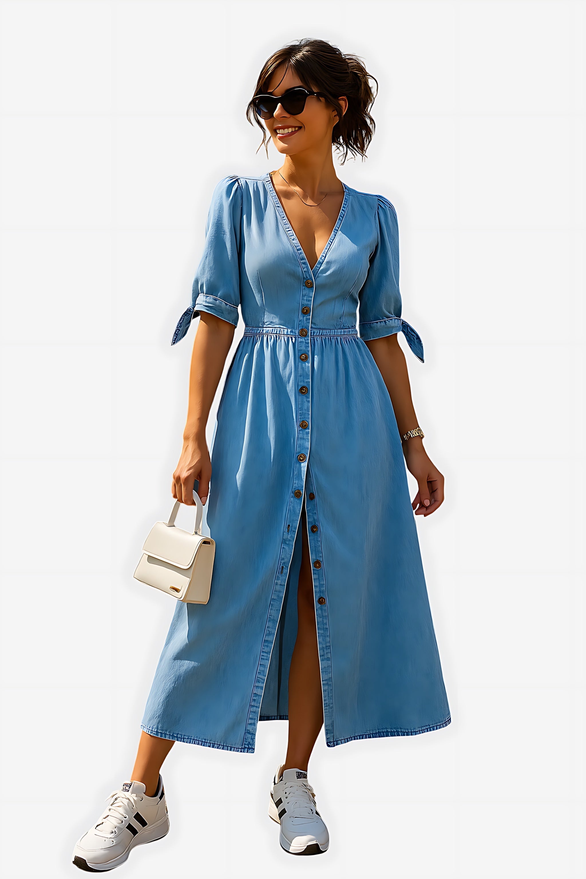 Charlie – Denim V Neck A Line Midi Dress