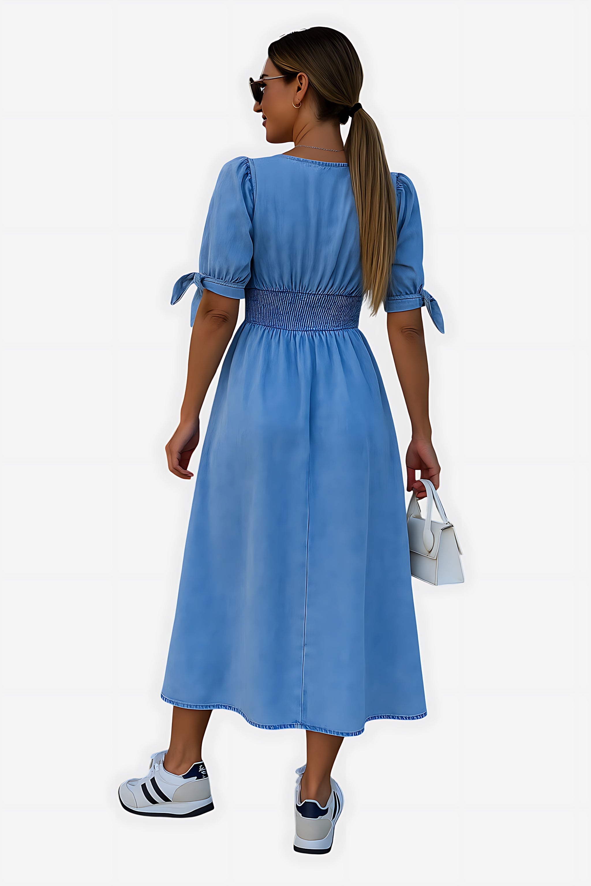 Charlie – Denim V Neck A Line Midi Dress