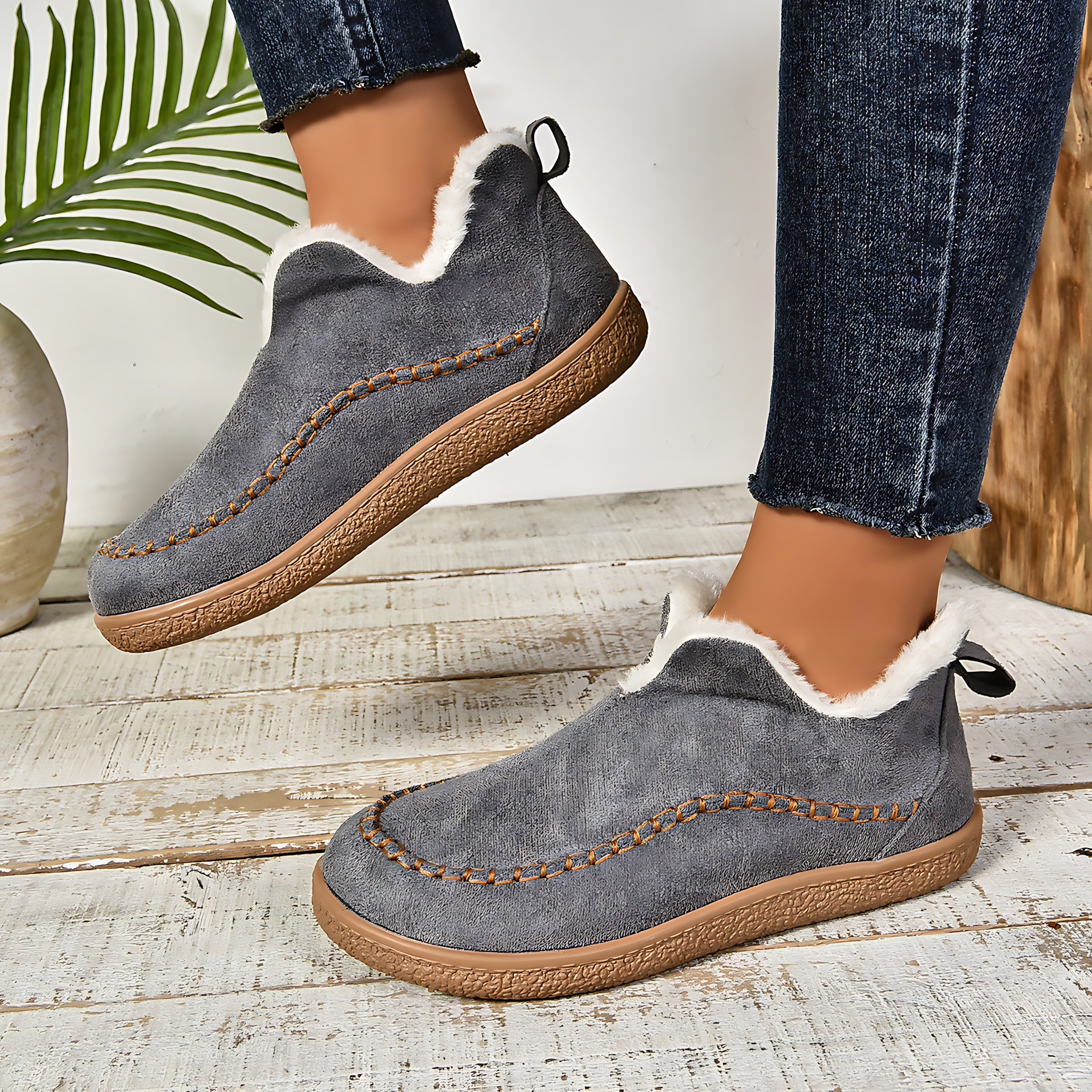 Charlotte – Suede Faux Fur Lined Slip On Ankle Boots