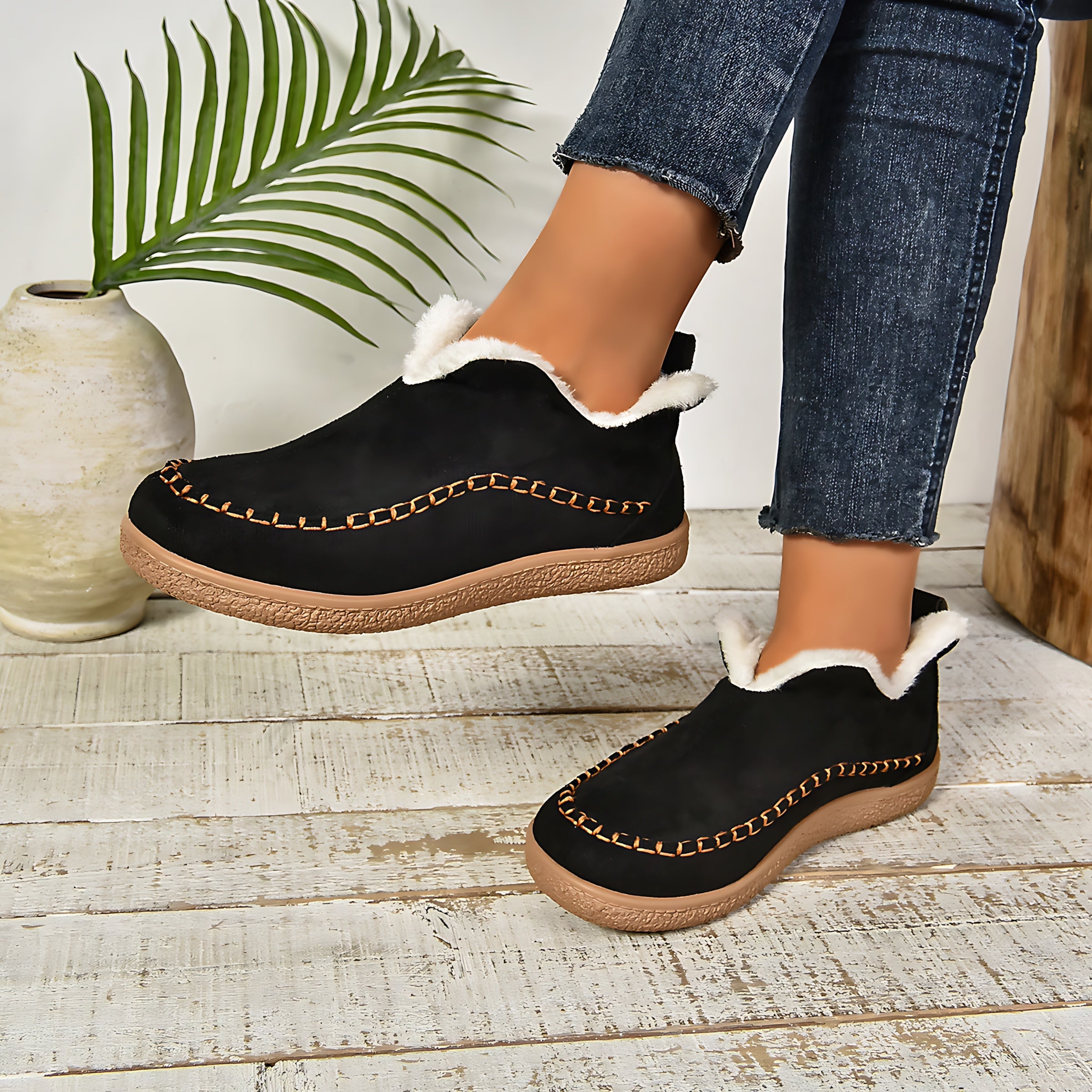 Charlotte – Suede Faux Fur Lined Slip On Ankle Boots