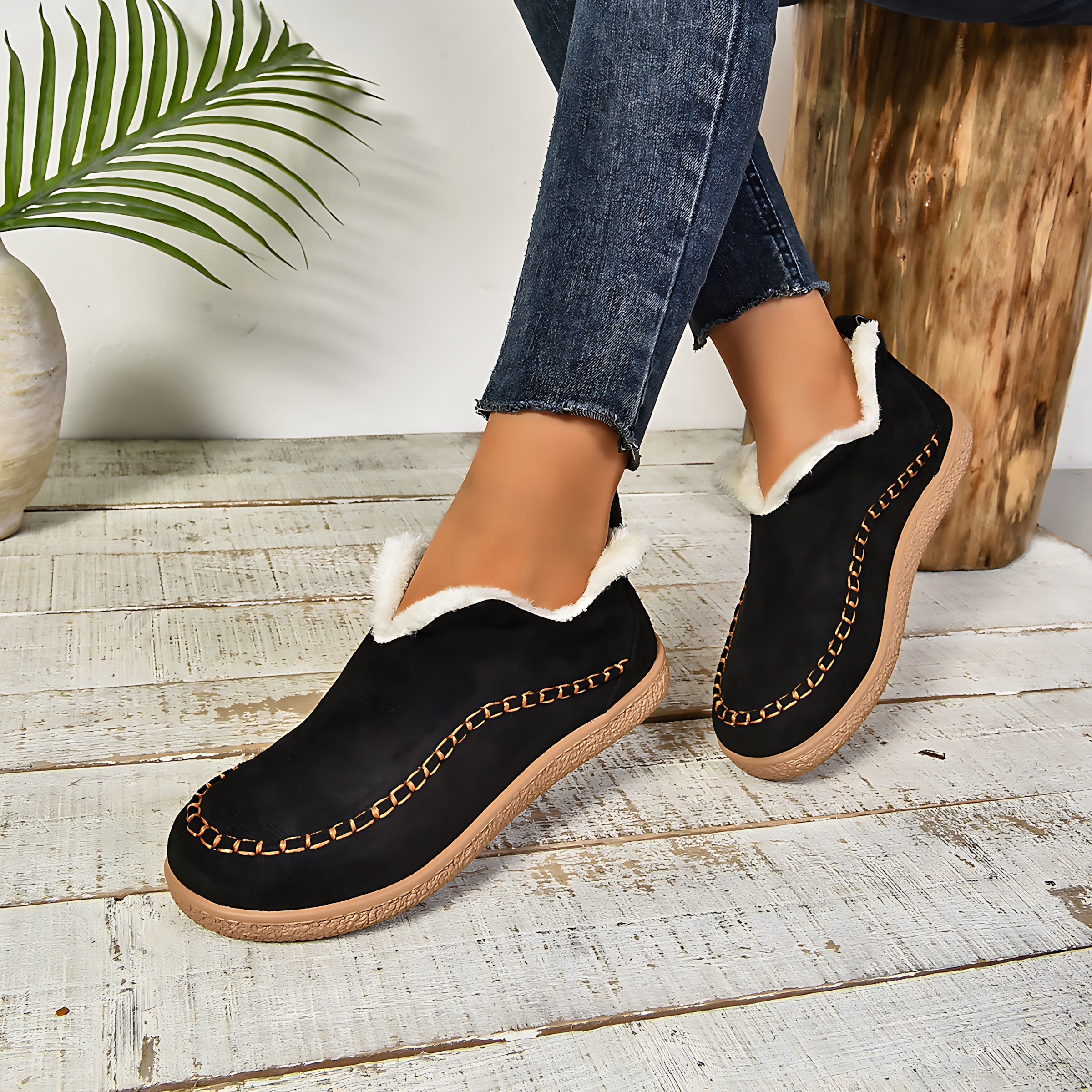 Charlotte – Suede Faux Fur Lined Slip On Ankle Boots