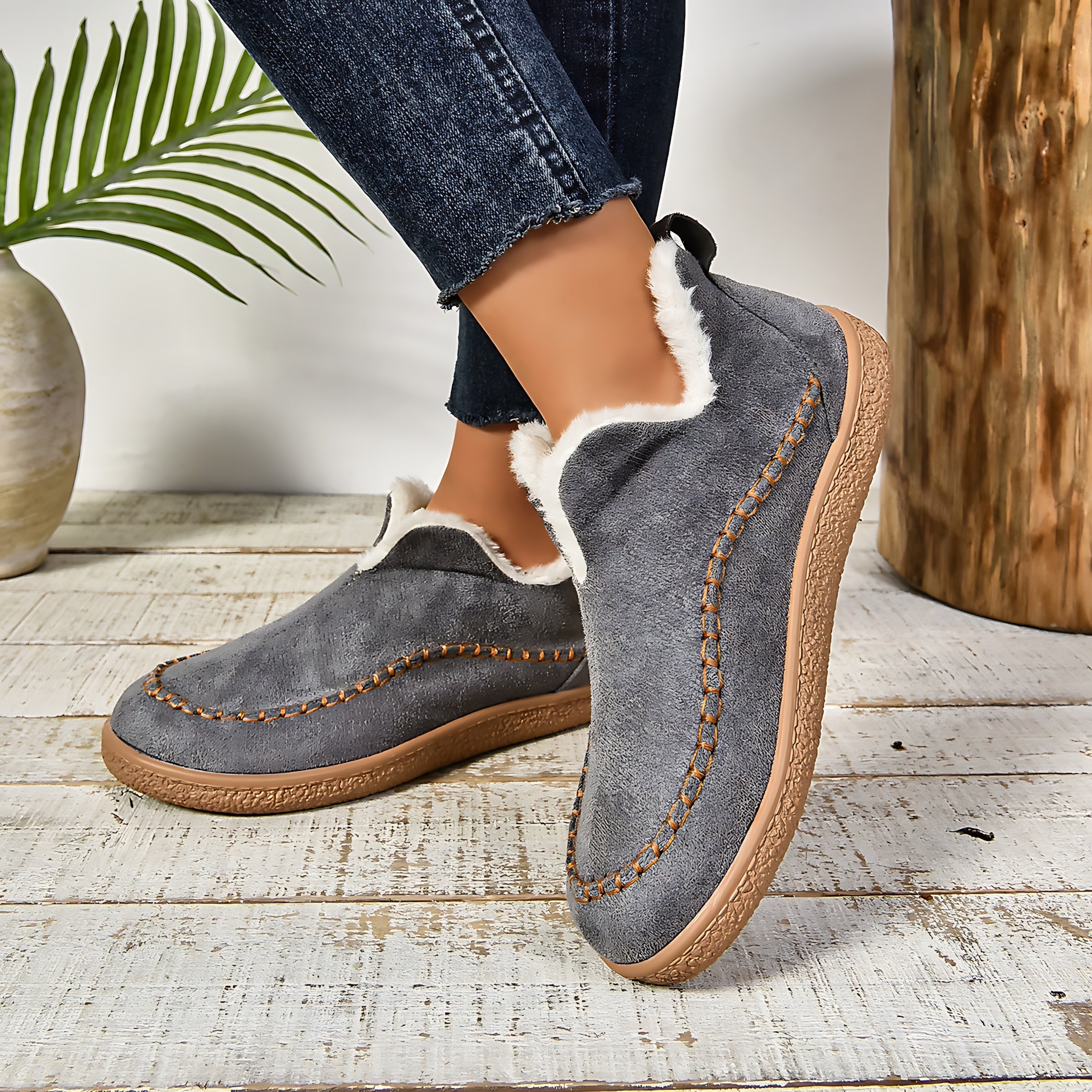 Charlotte – Suede Faux Fur Lined Slip On Ankle Boots