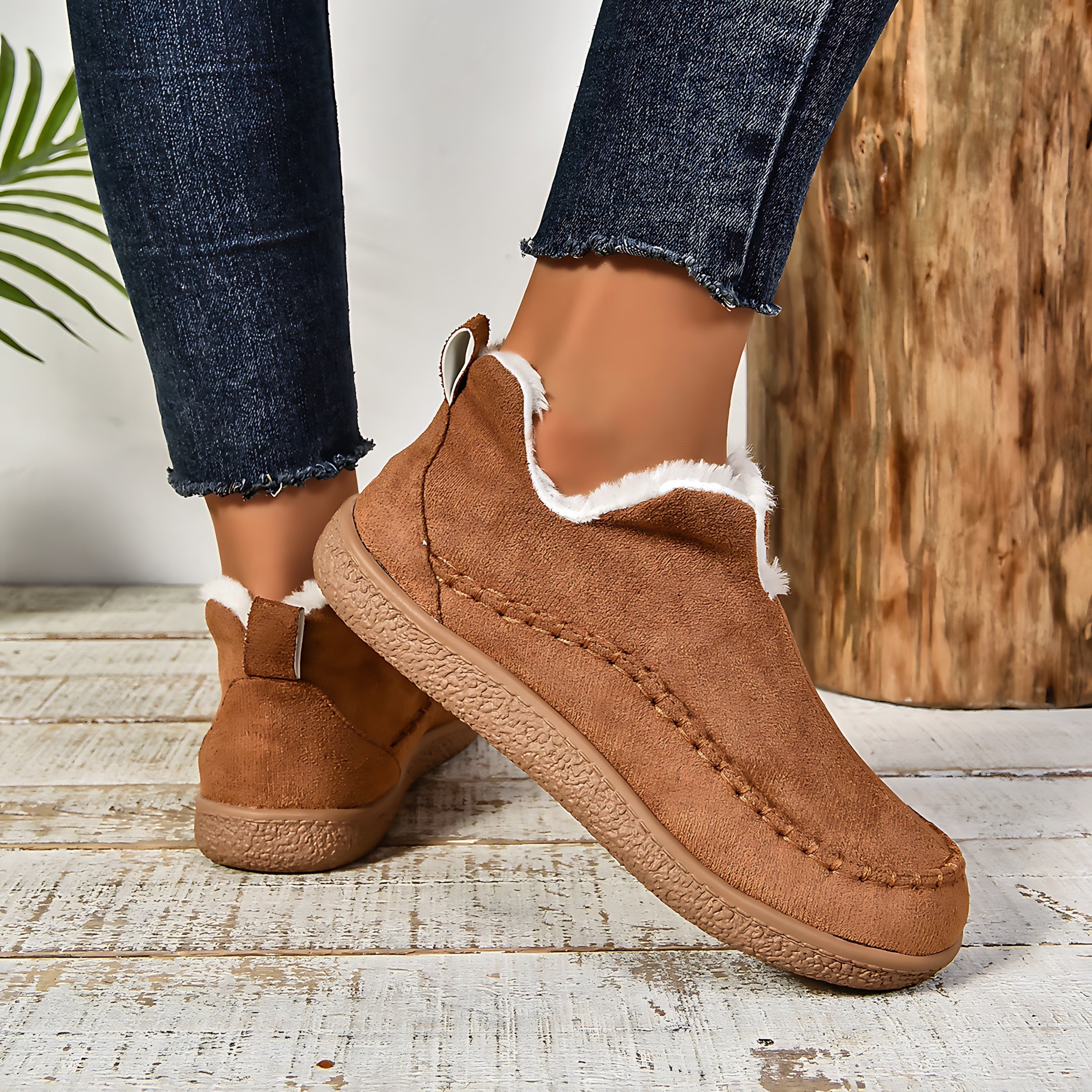 Charlotte – Suede Faux Fur Lined Slip On Ankle Boots