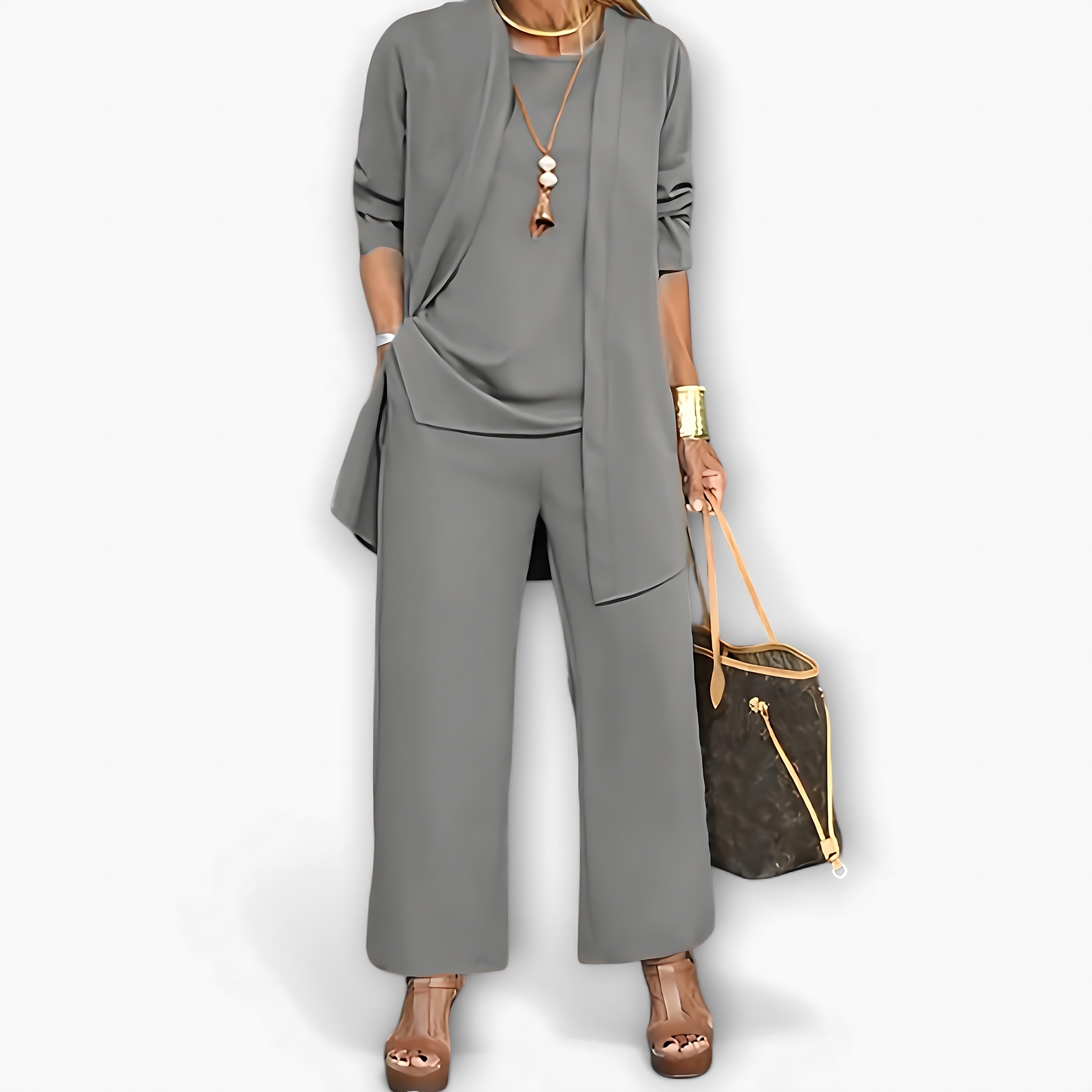Charlotte – Three Piece Cardigan Top And Wide Leg Pants Set