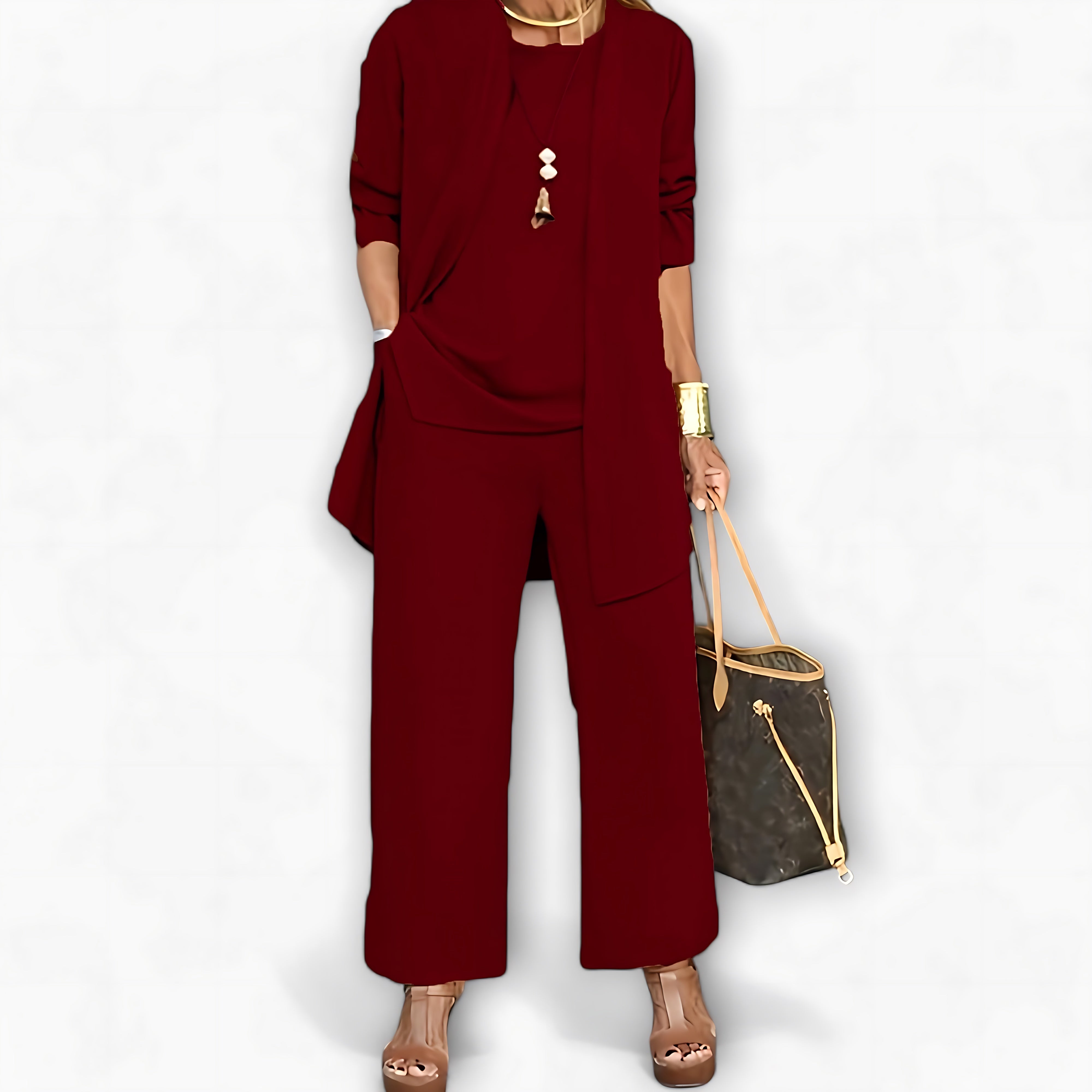 Charlotte – Three Piece Cardigan Top And Wide Leg Pants Set