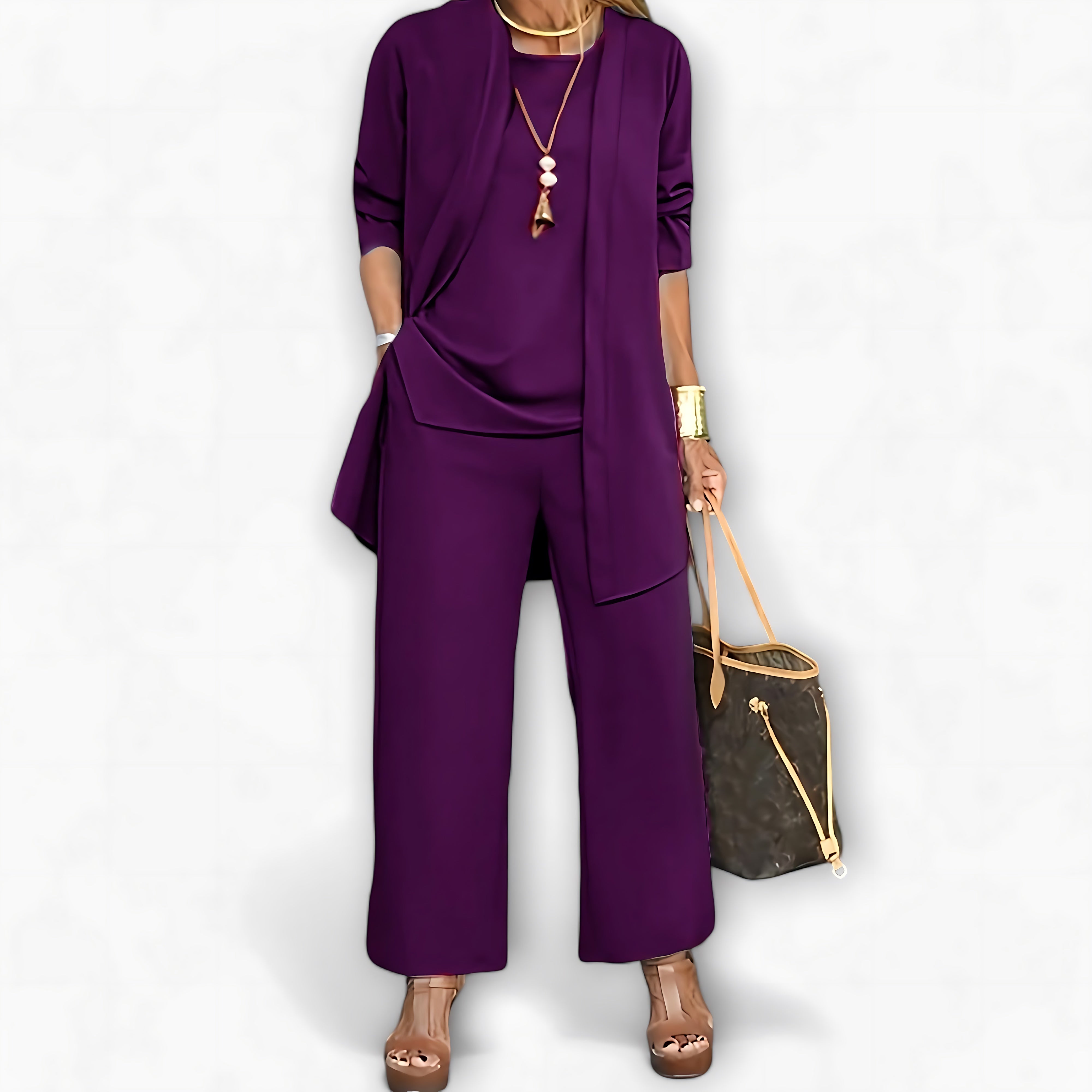 Charlotte – Three Piece Cardigan Top And Wide Leg Pants Set