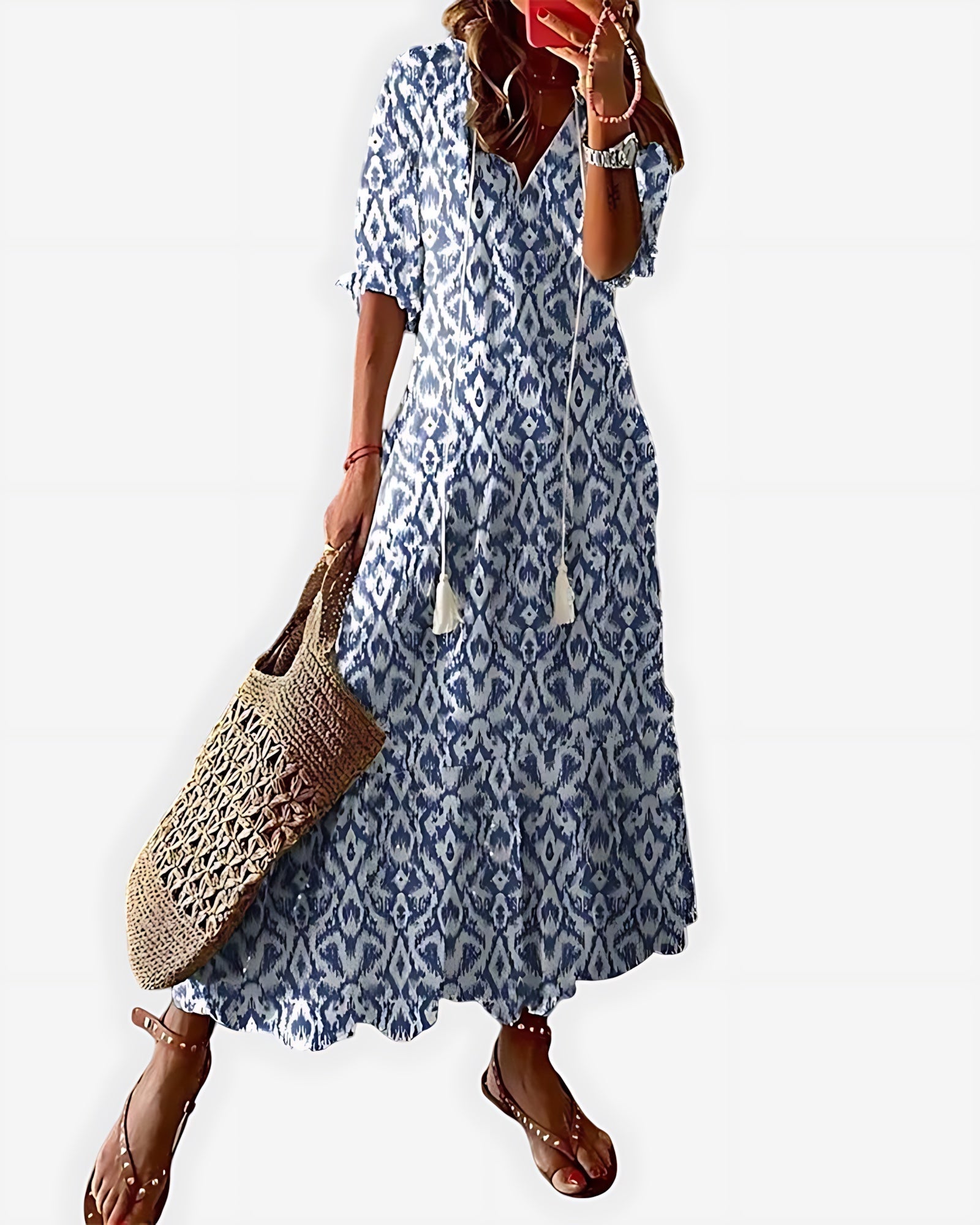 Chloe – Boho Print V Neck Ruffle Sleeve Midi Dress