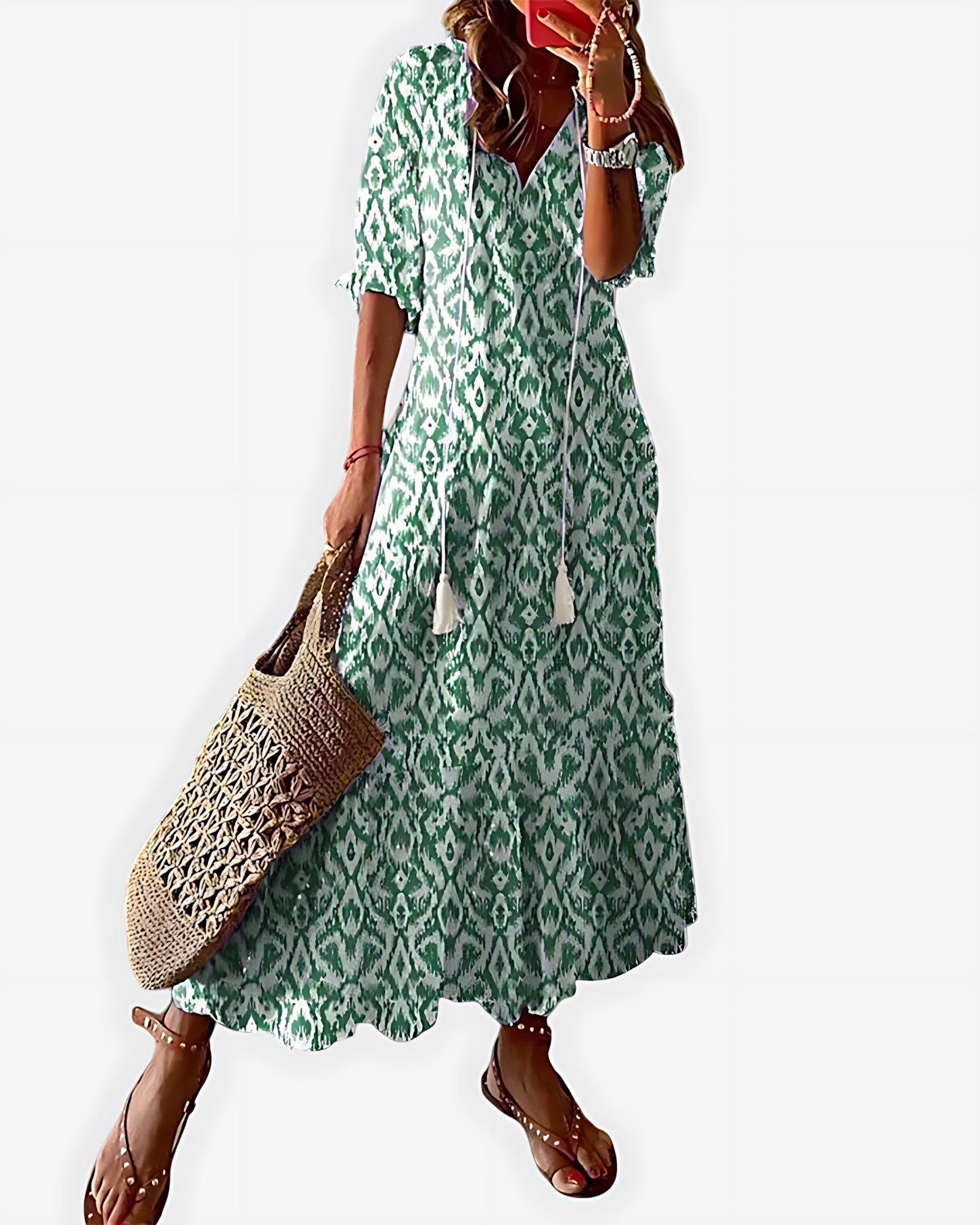 Chloe – Boho Print V Neck Ruffle Sleeve Midi Dress