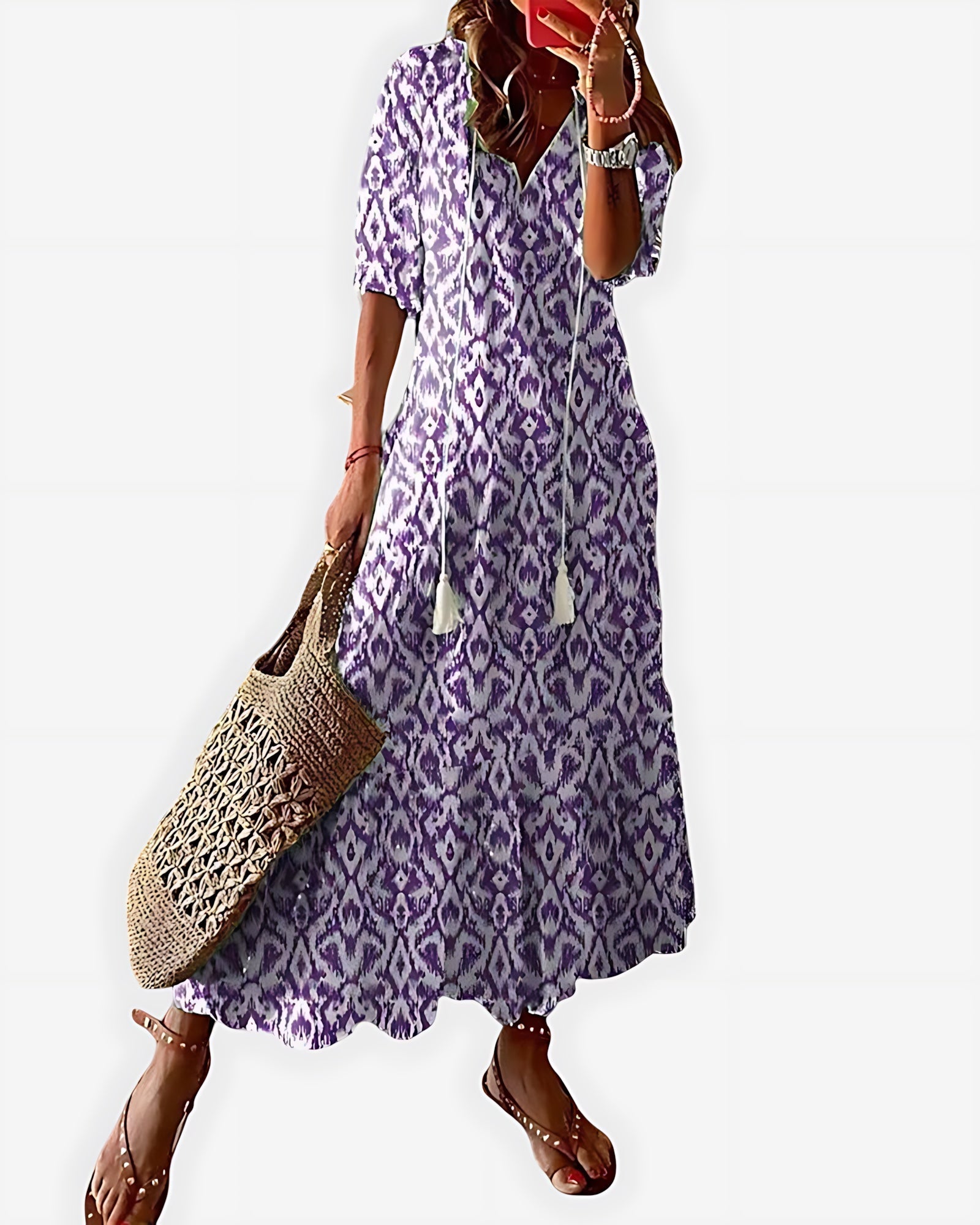 Chloe – Boho Print V Neck Ruffle Sleeve Midi Dress
