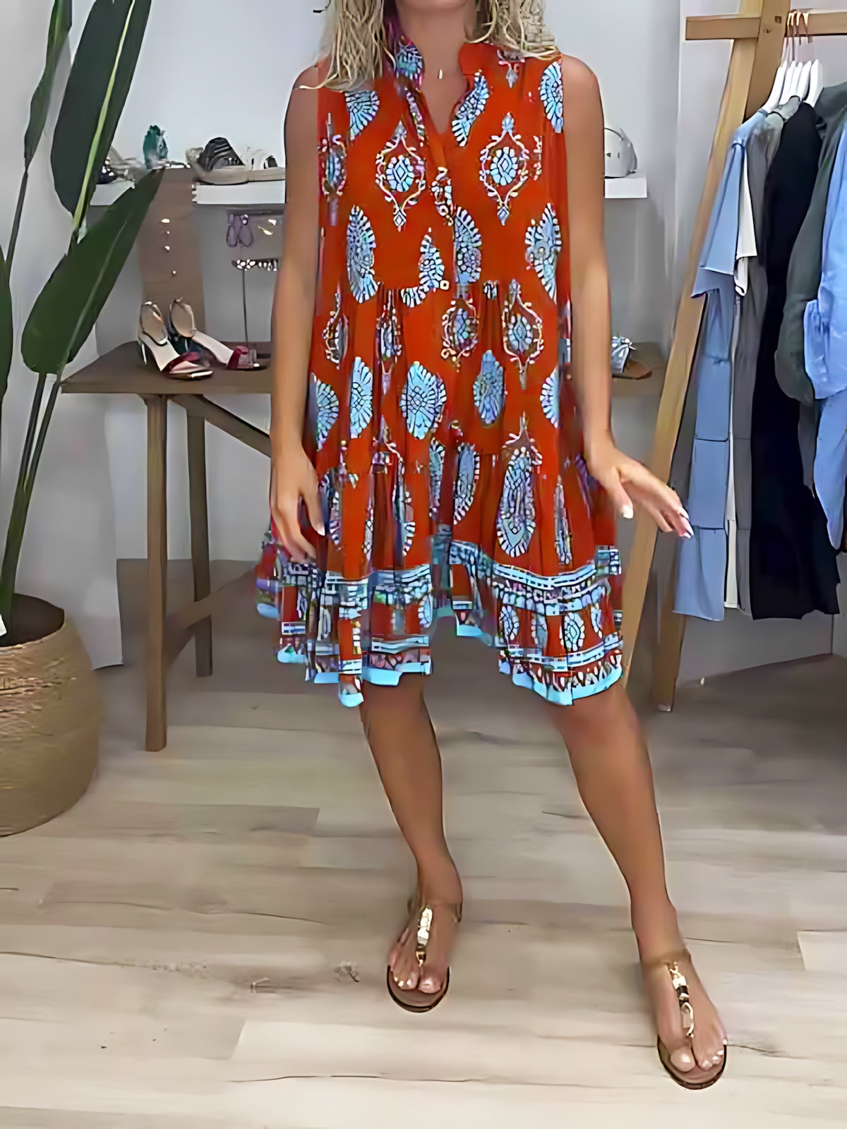 Chloe – Boho Print V Neck Tiered Mini Dress