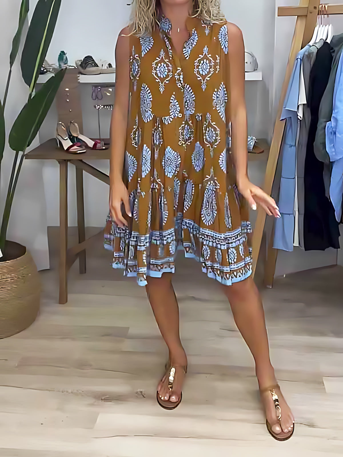 Chloe – Boho Print V Neck Tiered Mini Dress