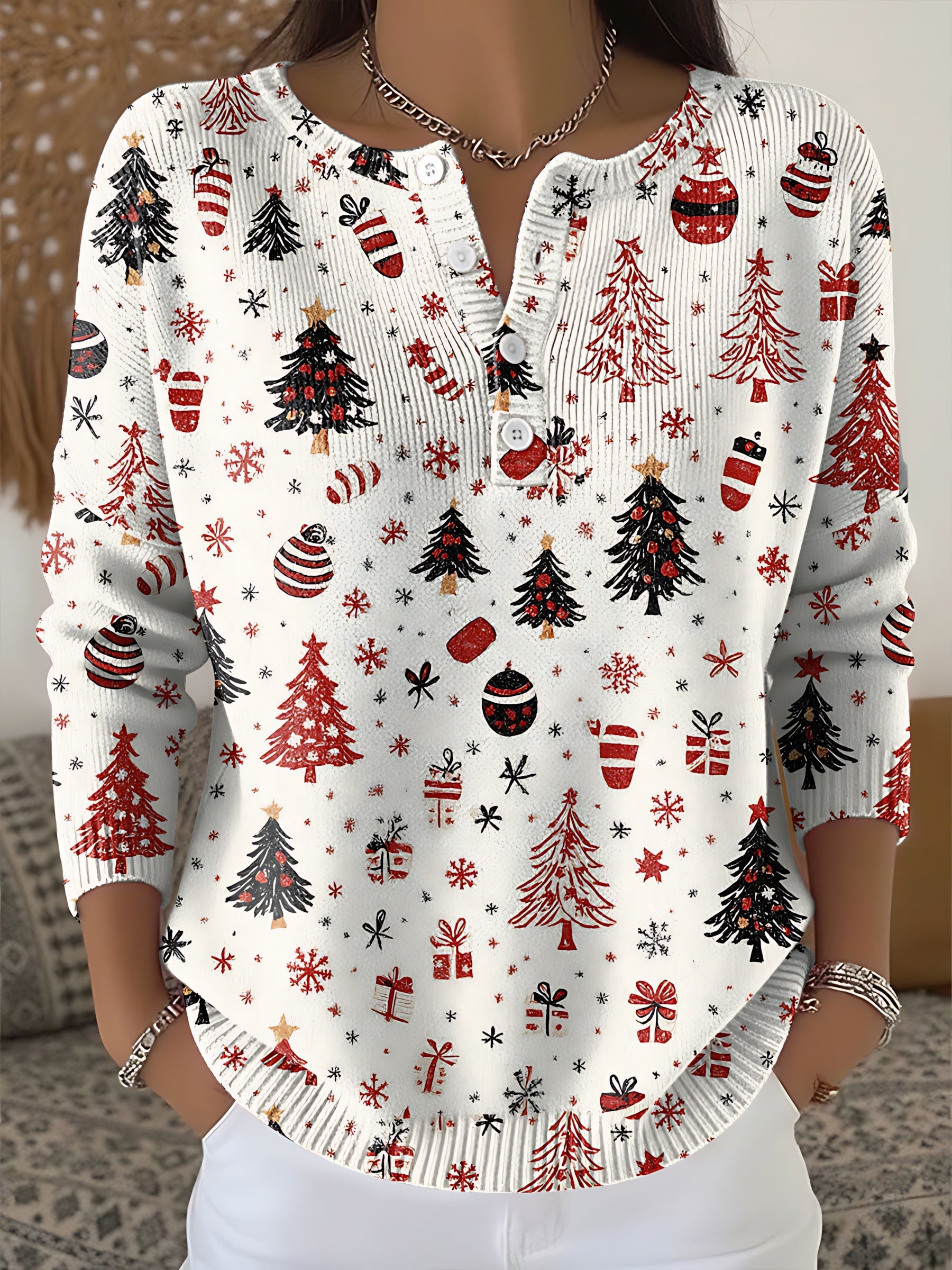 Chloe – Christmas Tree Print Henley Sweater