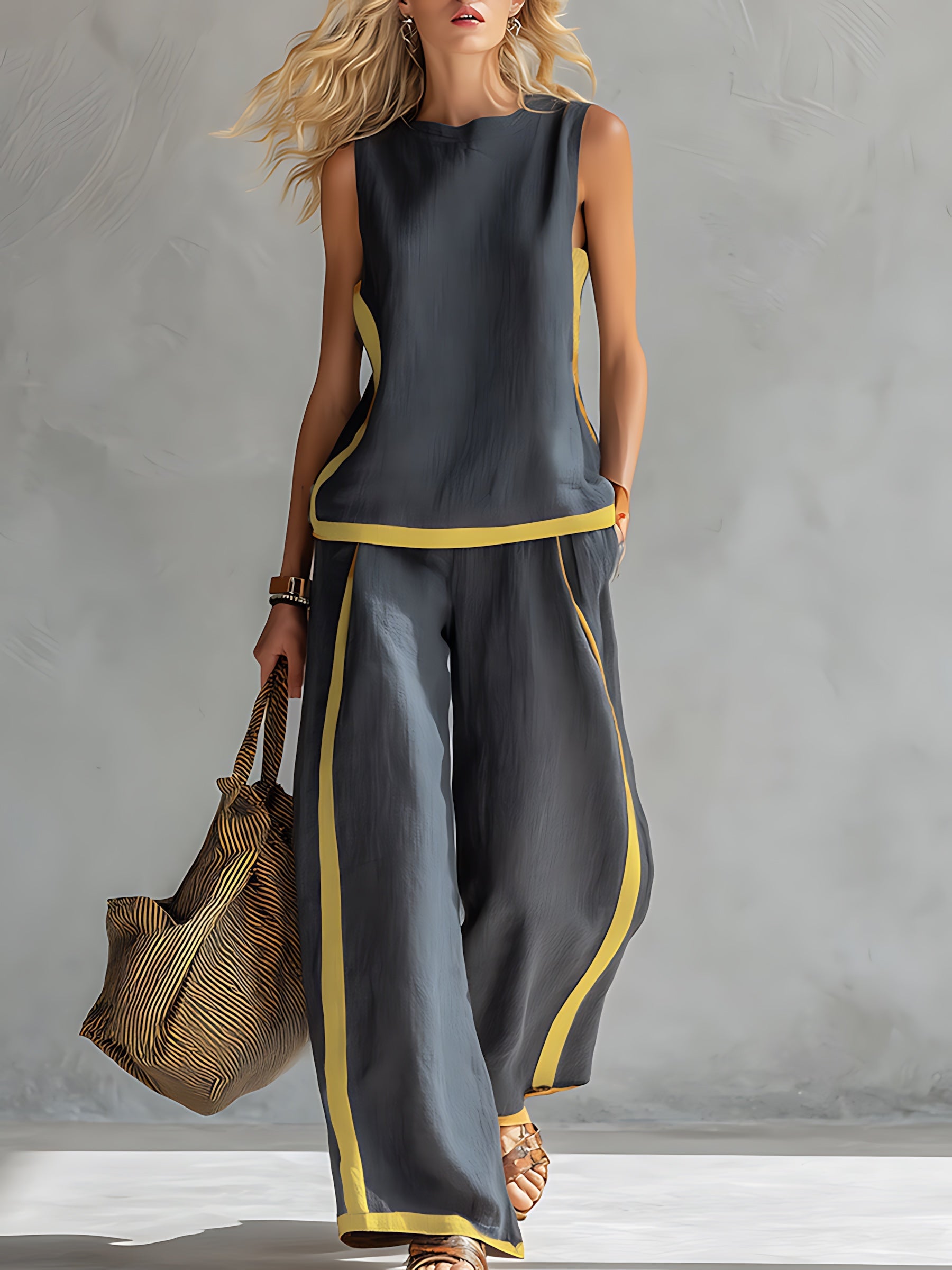 Chloe – Contrast Stripe Tank Top and Wide Leg Pants Set