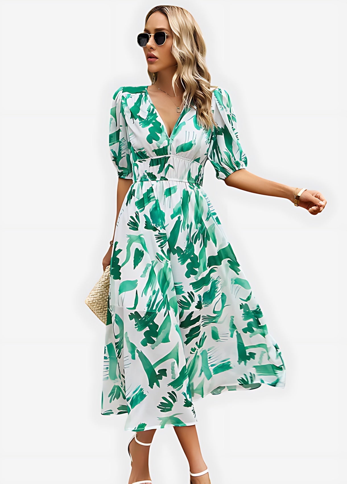 Chloe – Floral Print Puff Sleeve Wrap Midi Dress