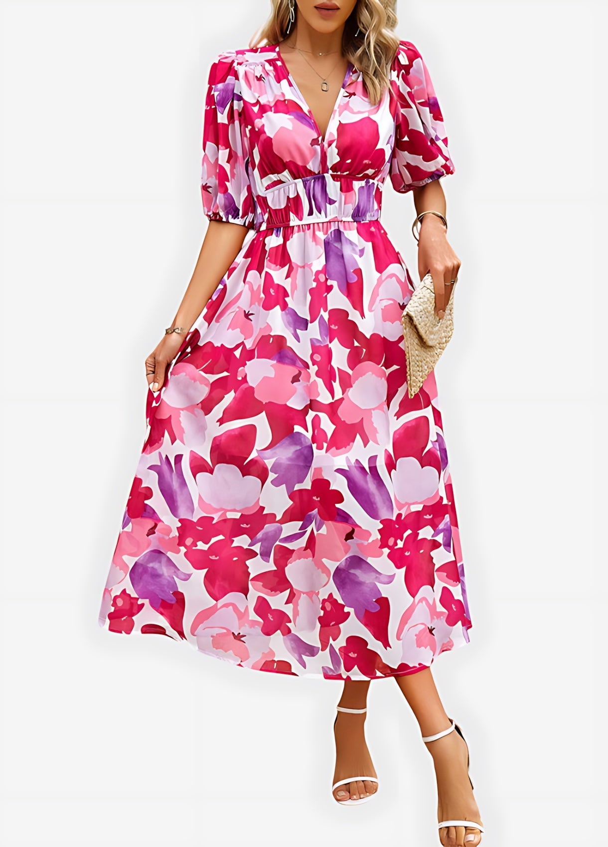 Chloe – Floral Print Puff Sleeve Wrap Midi Dress
