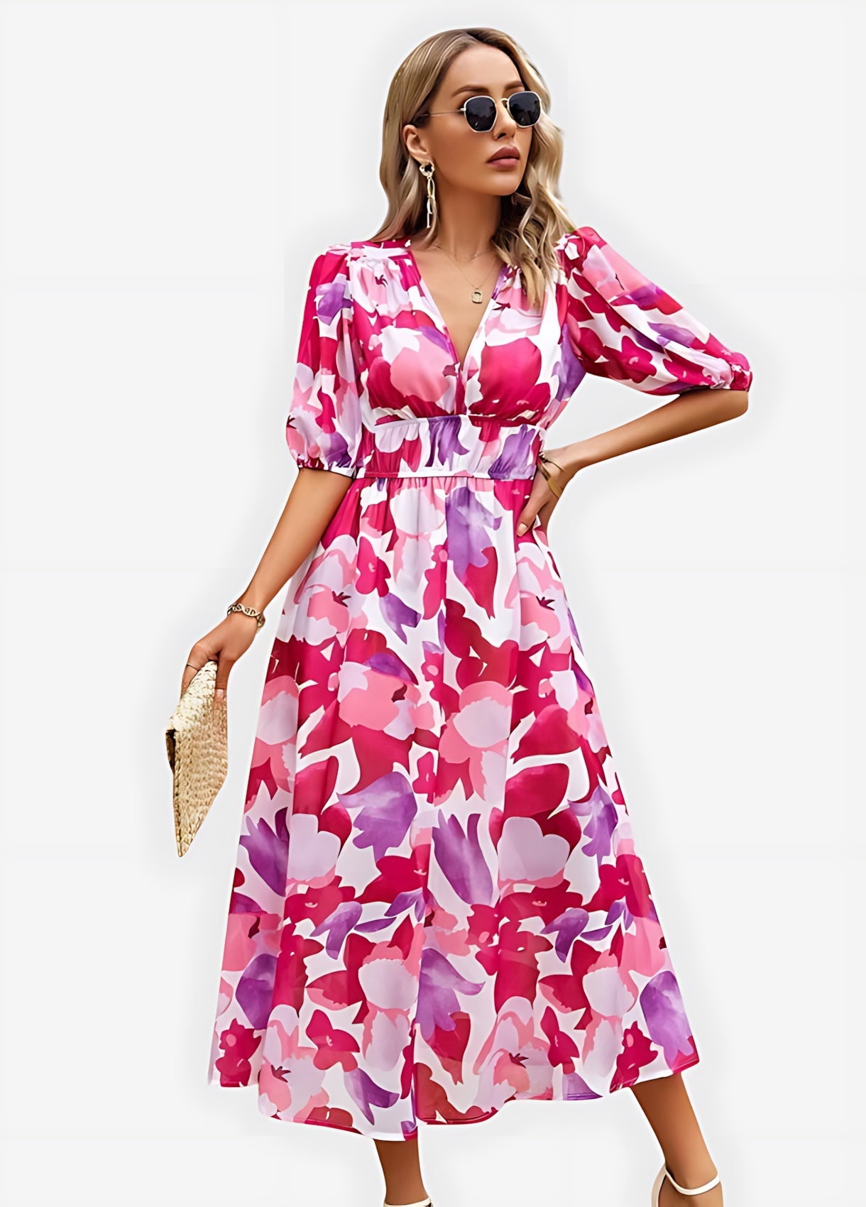 Chloe – Floral Print Puff Sleeve Wrap Midi Dress