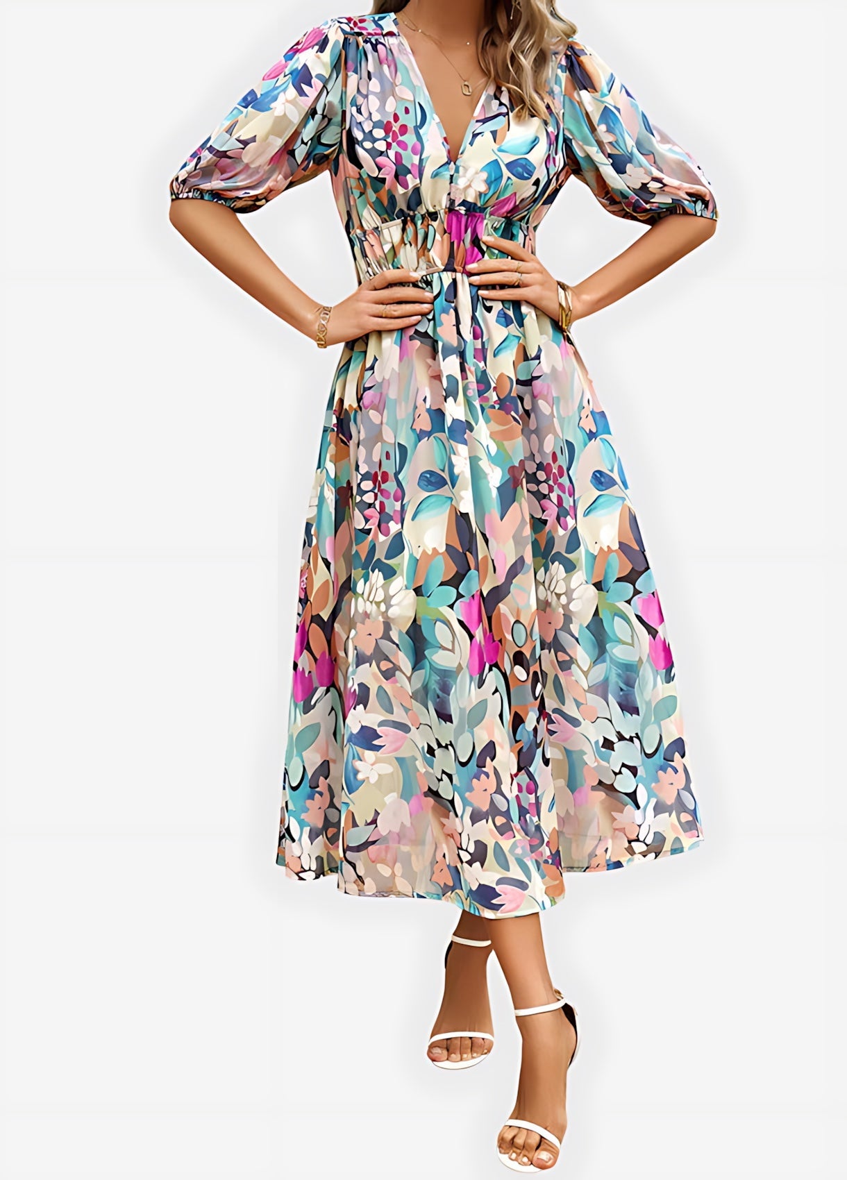 Chloe – Floral Print Puff Sleeve Wrap Midi Dress