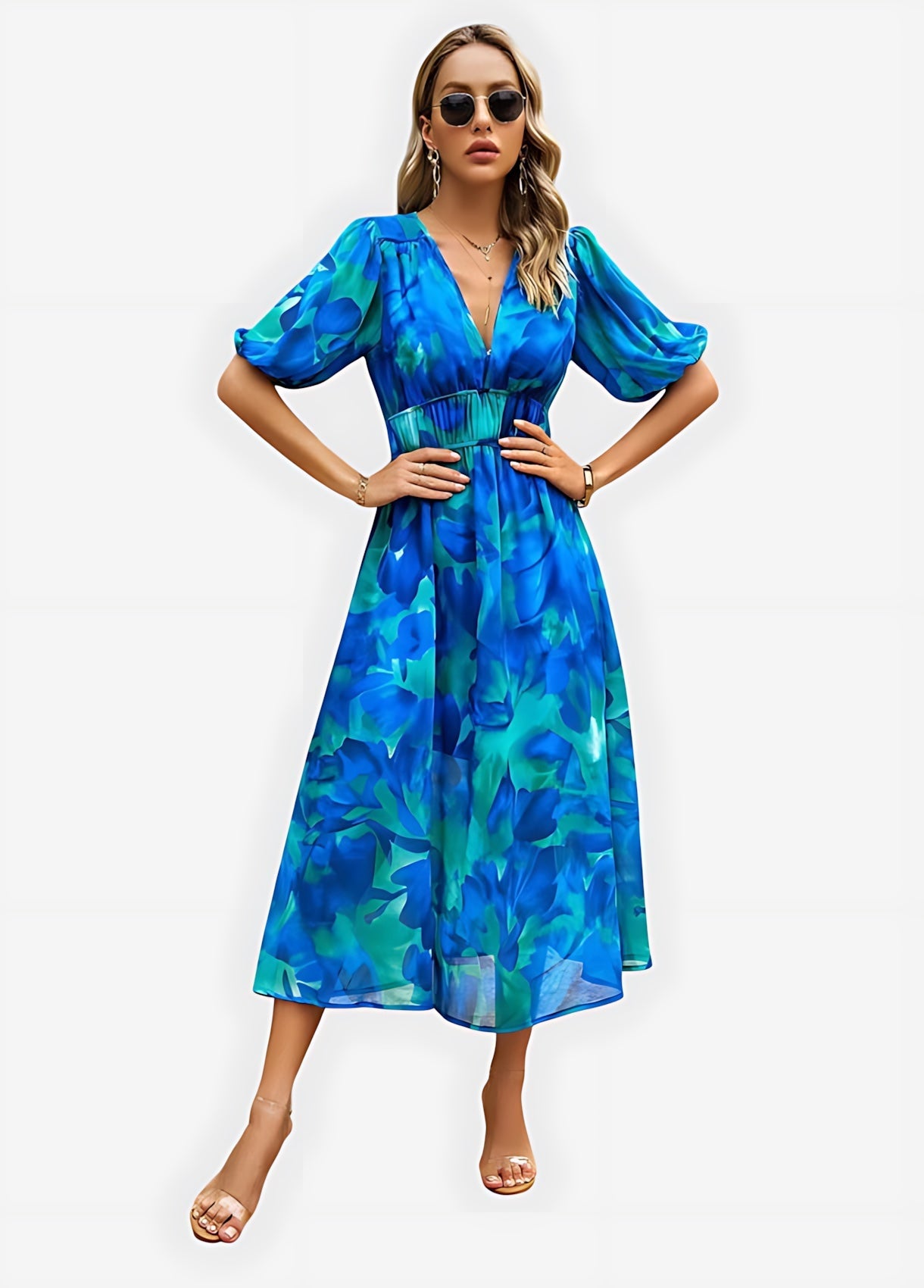 Chloe – Floral Print Puff Sleeve Wrap Midi Dress