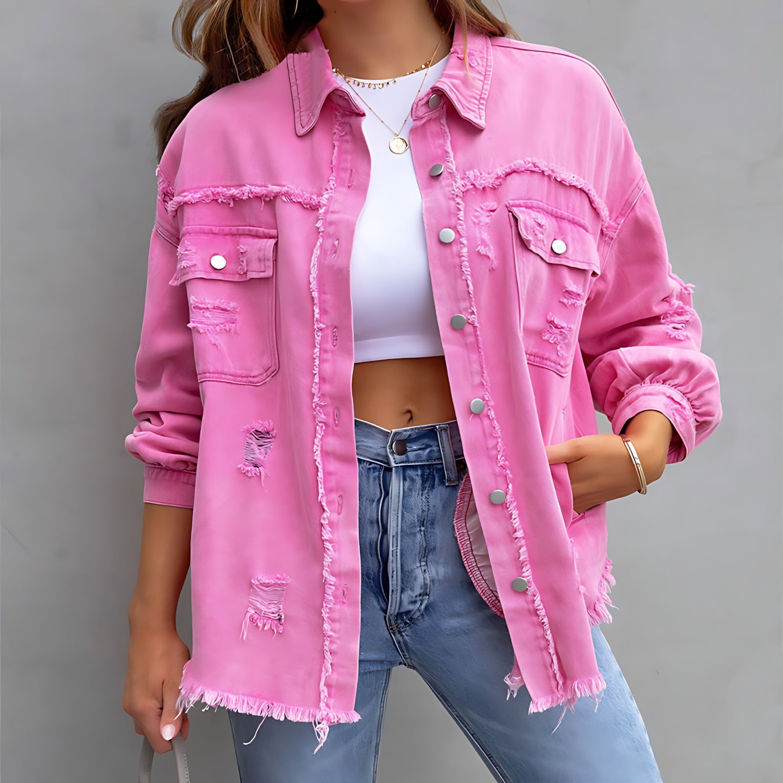 Chloe – Oversized Distressed Denim Jacket