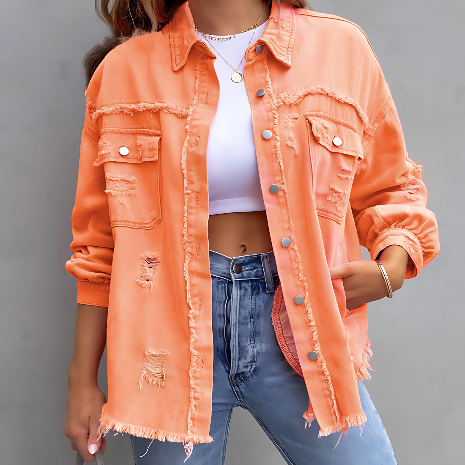 Chloe – Oversized Distressed Denim Jacket