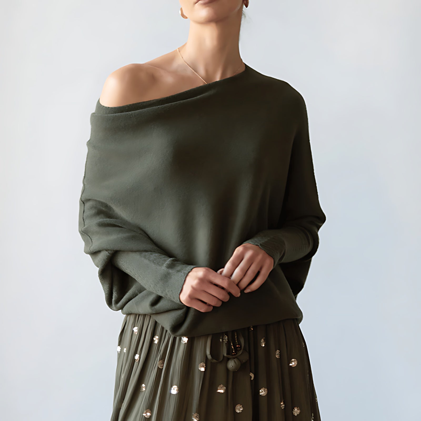 Claire – Off Shoulder Draped Knit Sweater